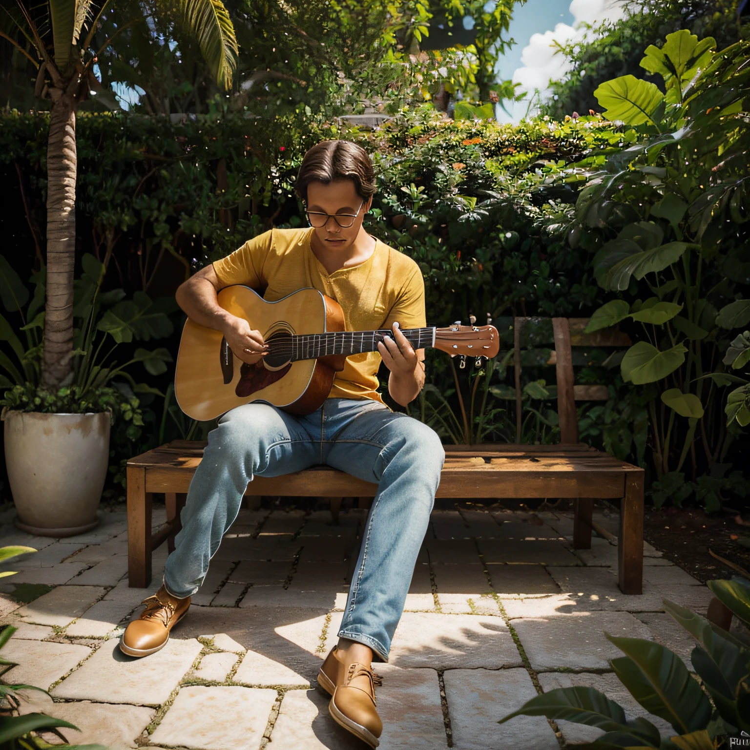 (best quality,4k,8k,highres,masterpiece:1.2),ultra-detailed,(realistic,photorealistic,photo-realistic:1.37),illustration,oil painting,[3D rendering],photography

João Gilberto album cover with a vibrant tropical garden as the main subject, filled with exotic flowers and plants. The garden features a beautiful color palette, with vivid shades of green, red, orange, and blue. The sunlight filters through the leaves, creating a stunning play of light and shadows on the garden floor.

In the center of the garden, there is a cozy little wooden bench where João Gilberto is sitting, strumming his guitar. His expression reveals his passion for music, and his eyes are filled with warmth and depth. Surrounding him, there are subtle musical notes floating in the air, representing the harmonious melodies he brings to life.

The album title is elegantly written in cursive letters at the top, using a gold foil effect to add a touch of luxury. The title is placed on a vintage vinyl record, complementing the classic and timeless style of João Gilberto's music.

The overall style of the artwork is reminiscent of an illustration, with brushstrokes that add texture and depth to the scene. The use of oil painting techniques gives the image a sense of richness, enhancing the vibrant colors and adding a touch of nostalgia.

To capture the essence of João Gilberto's music, the artwork incorporates elements of photography, showcasing his iconic performance style. The photograph is subtly integrated into the illustration, adding a layer of realism to the composition.

The color palette of the artwork is inspired by the warm tones of Brazil, with hints of orange, yellow, and red reflecting the vibrant energy of João Gilberto's music. The lighting is carefully crafted to create a soft, warm glow, enhancing the inviting and soothing atmosphere of the garden.

In summary, the album cover is a masterfully crafted artwork that combines the beauty of illustration, the richness of oil painting, and