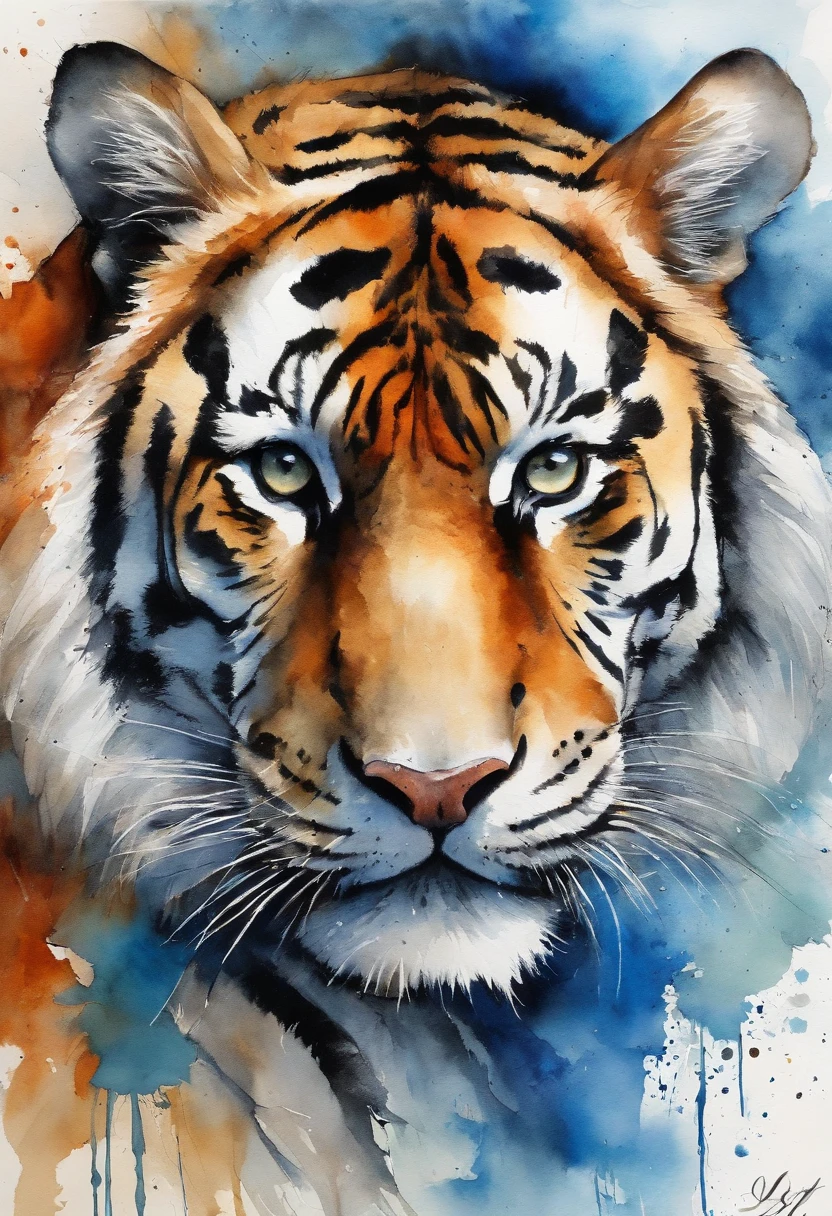 Create a realistic image of a Siberian tiger where its striking gaze is fixed straight ahead and its body blends into an abstract background with different shades of blue and the blue spots gently form an abstract butterfly