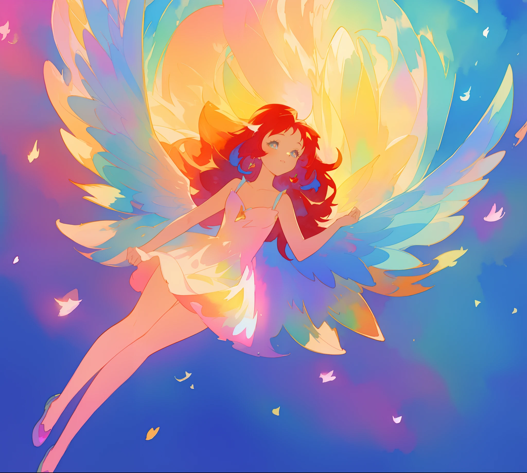beautiful angel girl in colorful shimmering puffy dress, ((colorful angel wings)), vibrant pastel colors, long flowing red hair, colorful fantasia background, watercolor illustration, disney art style, beautiful digital illustration, beautiful, masterpiece, best quality, anime disney style, beautiful face
