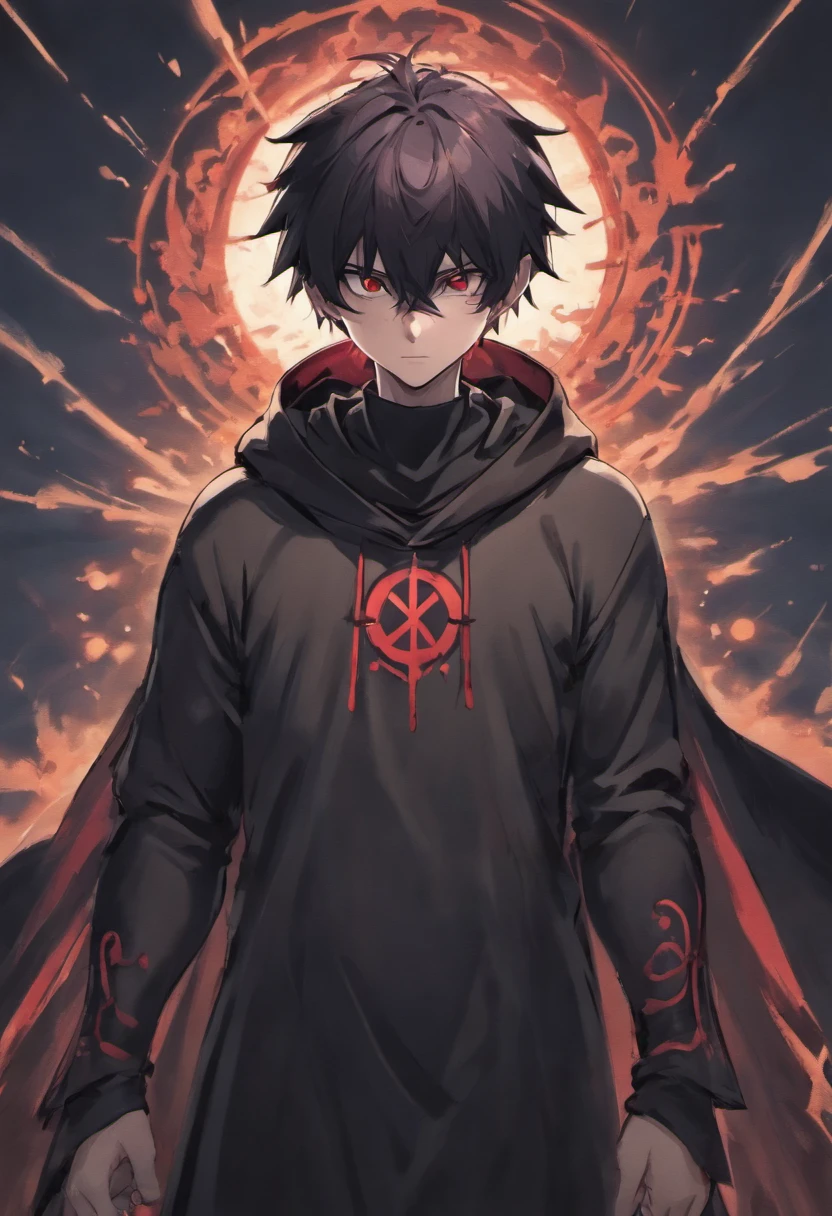 masterpiece, best quality, 1boy, teenager 18 years old, black hair, messy spikey hair, red eyes, black shirt with long sleeves, black pants, black boots, red cloak, showing off his red plasma aura on his right hand, digital watercolor art.