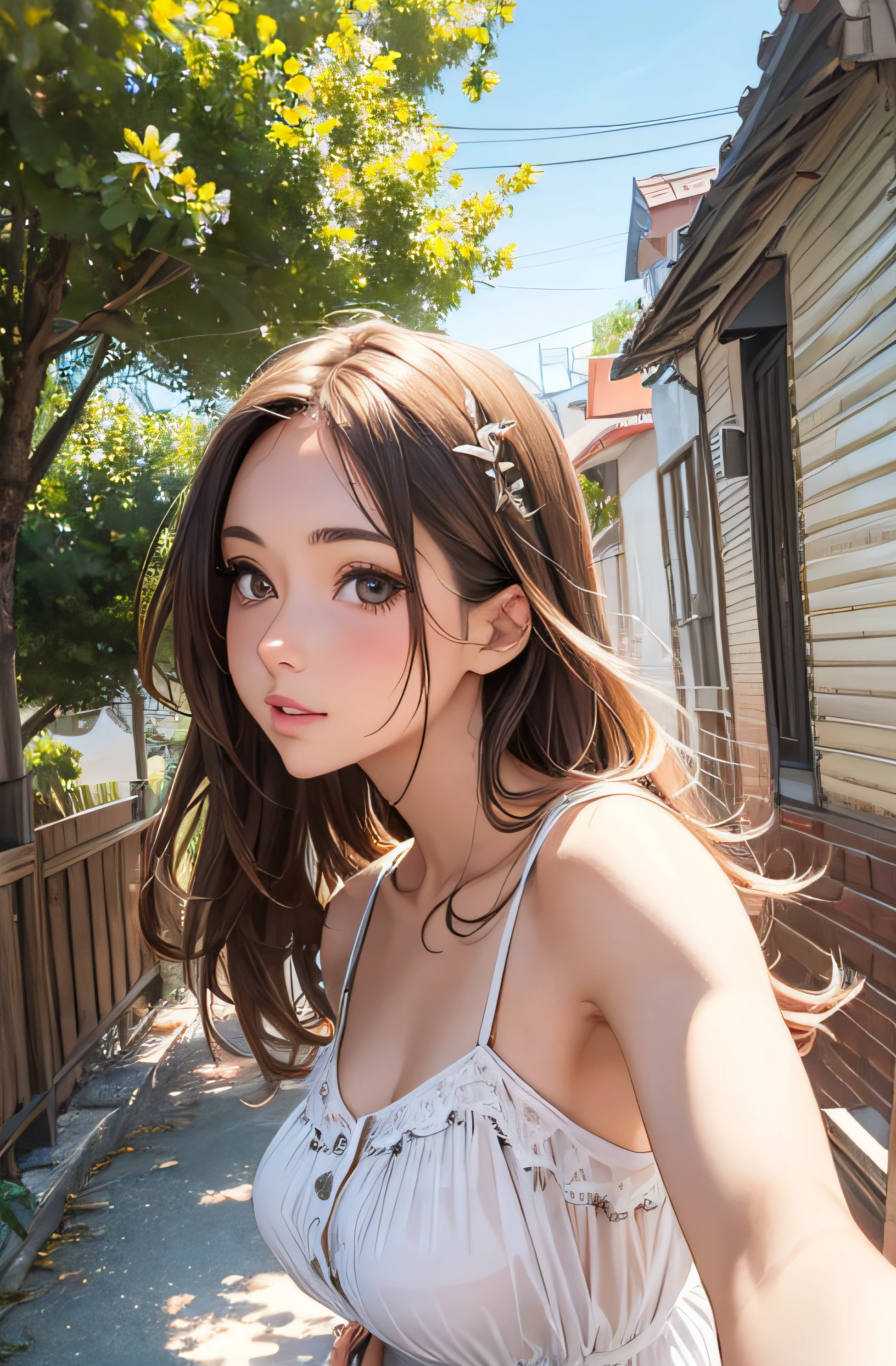 girl in summer clothes, top shot,((selfie)), random background, kiss, beautiful, medium breasts, flirtatious look, ((very detailed)), (perfectly detailed face), (well detailed hand), photorealistic image.