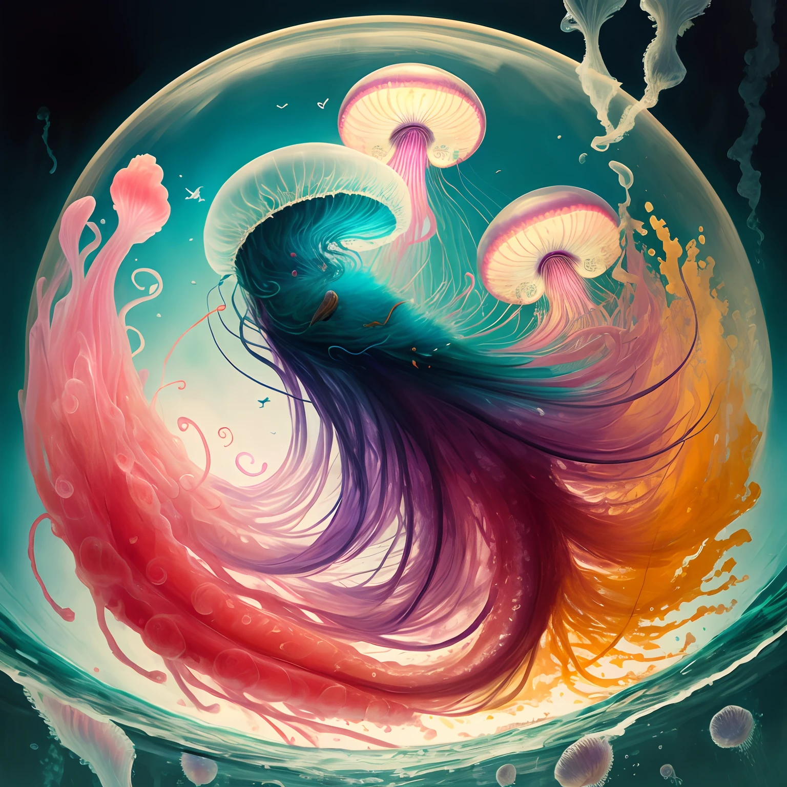 Jellyfish merged with a bird into one animal in realist style