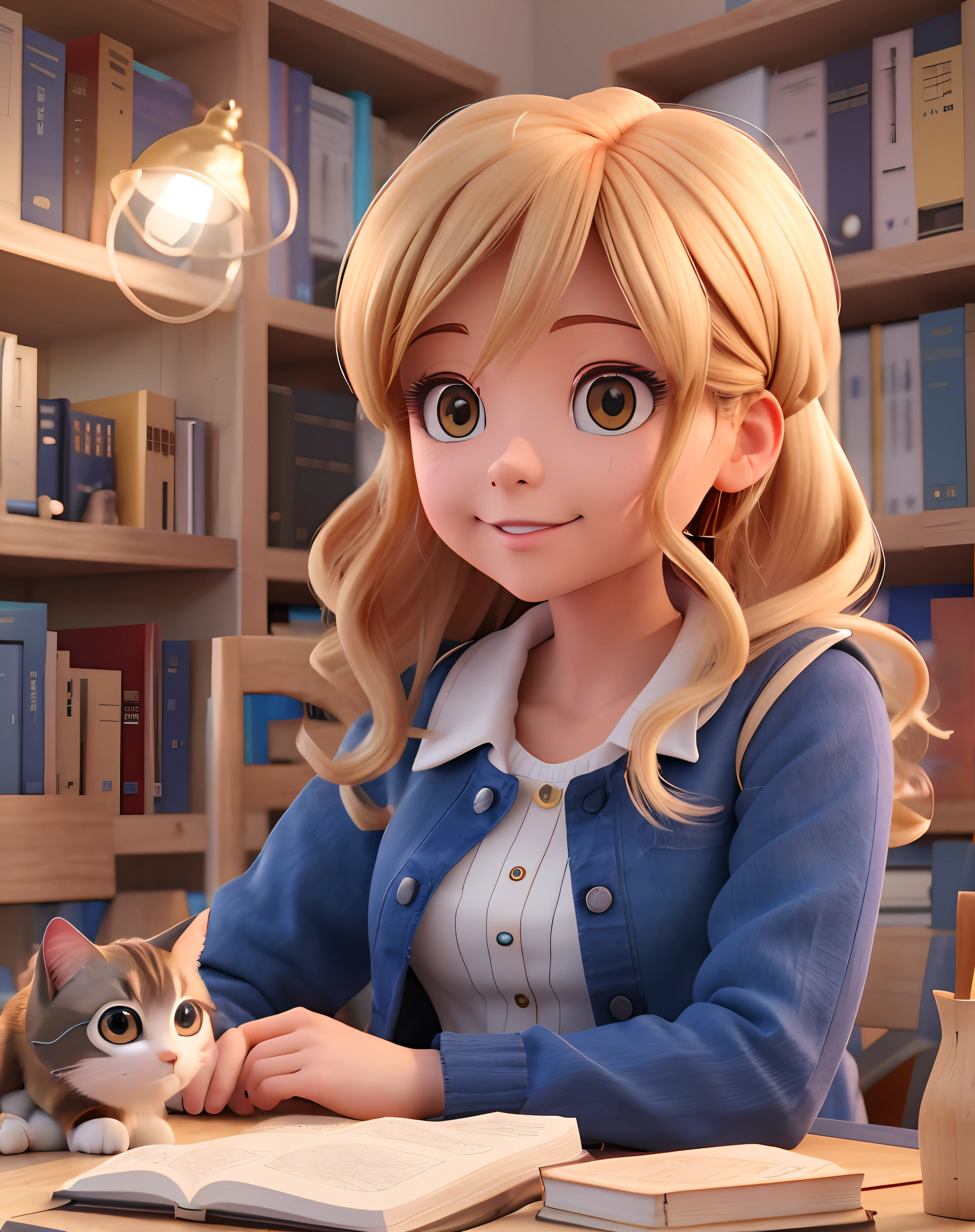 muchacha de dibujos animados sentada en un escritorio con un gato y un libro, Estilo realista de anime 3D, Adorable pintura digital, Render de una linda chica de anime 3D, Lindo arte digital detallado, Anime estilo 3D, digital anime illustration, Arte detallado del anime digital, Chica anime 3D, in style of disney animation, Anime estilizado, Lindo renderizado 3D, Render de abril