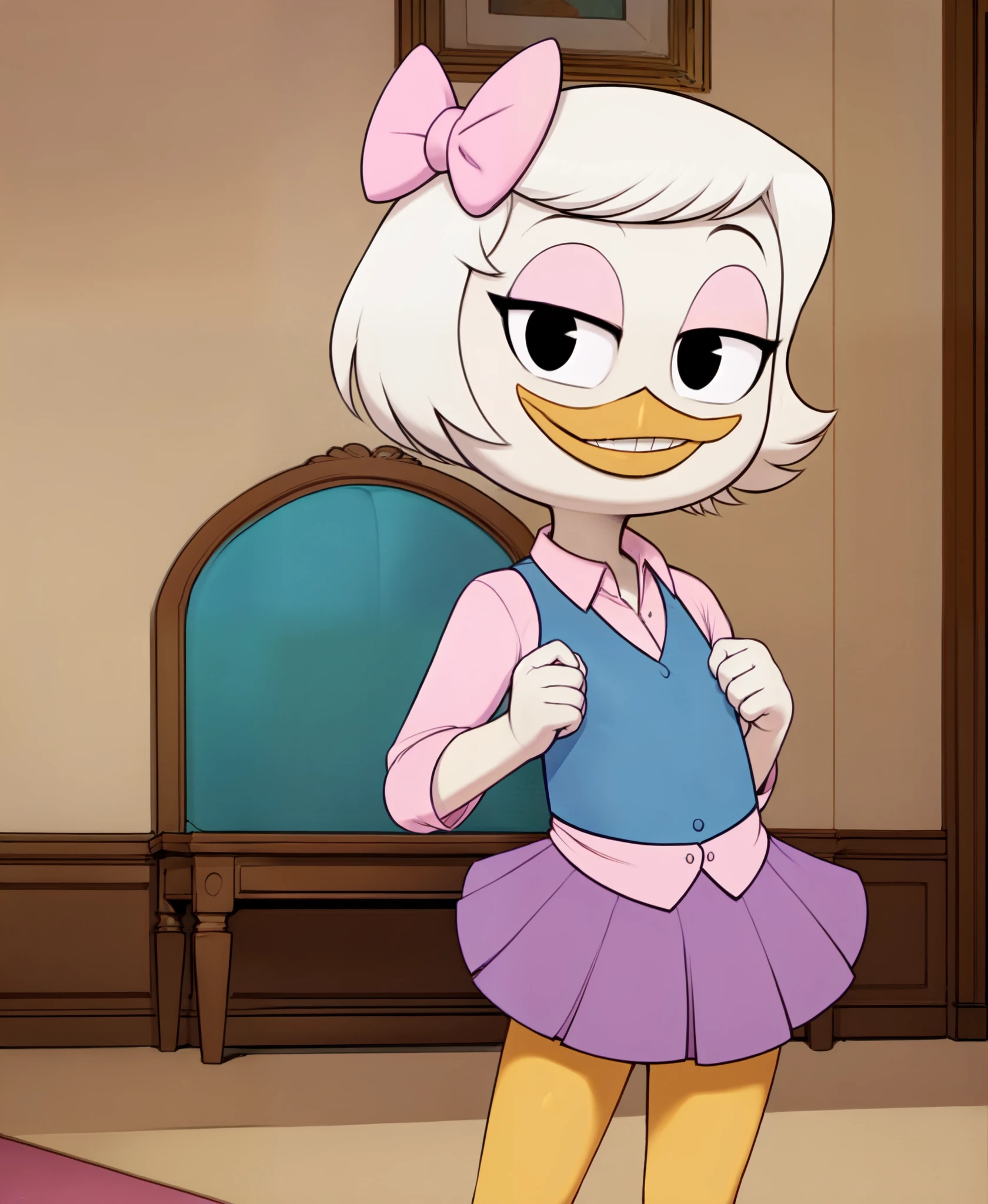 (by drockdraw:1.2) (by chelodoy:1) (by ashraely:1) webby vanderquack, white skin, white hair, orange legs:1.2, beak, ducktales, scut tail, webbed feet, short hair, (purple skirt, pink dress shirt, teal vest:1.3) action pose, pink bow, happy, smile, mouth closed, clothed, flat chested, webbed feet, black eyes, full-length portrait, eyeliner, smile, white body, young, standing, narrowed eyes, (mansion, inside:1.1)