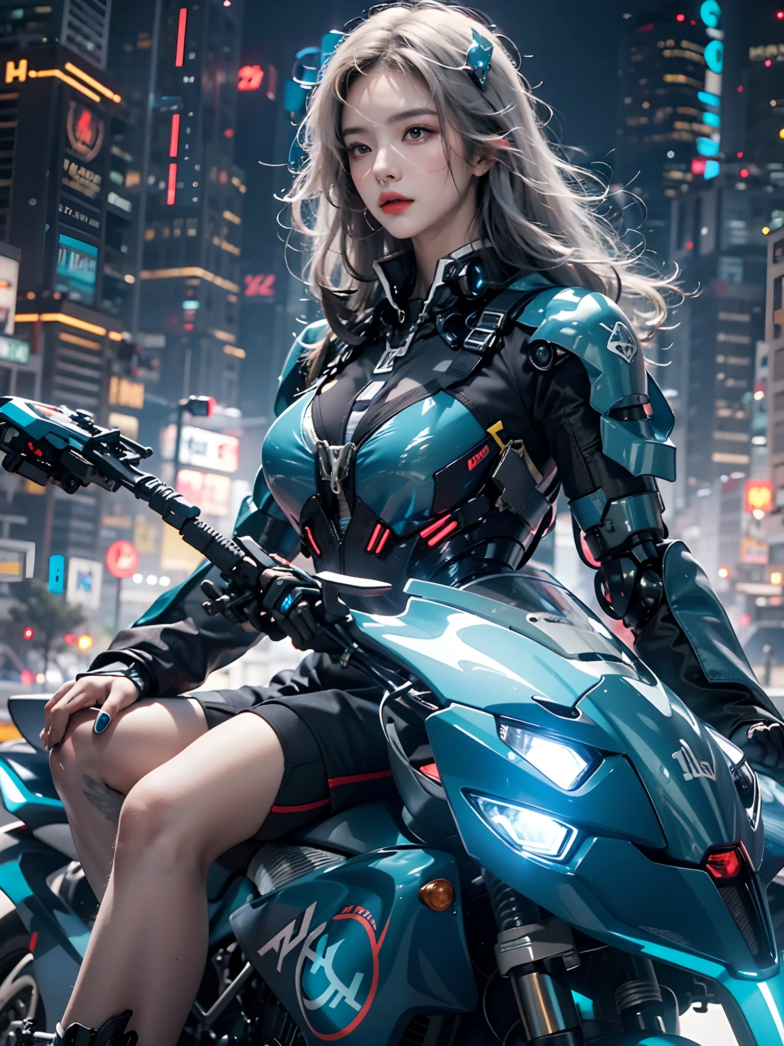 Highest image quality, Outstanding details, Ultra-high resolution, (Realism: 1.5), The best illustration, favor details, highly condensed 1girl, with a delicate and beautiful face, Dressed in black and blue mechs, wearing a mech helmet, holding a directional controller, Riding on a motorcycle, the background is a high-tech lighting scene of the city of the future.