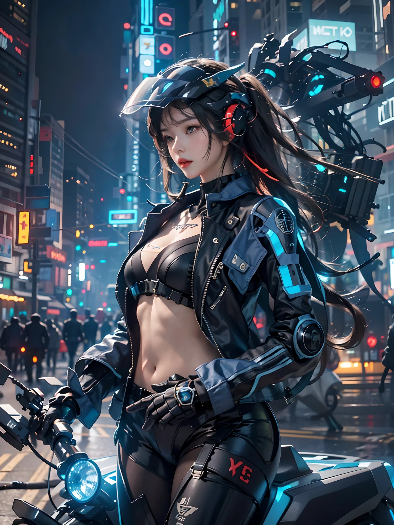 Highest image quality, Outstanding details, Ultra-high resolution, (Realism: 1.5), The best illustration, favor details, highly condensed 1girl, with a delicate and beautiful face, Dressed in black and blue mechs, wearing a mech helmet, holding a directional controller, Riding on a motorcycle, the background is a high-tech lighting scene of the city of the future.
