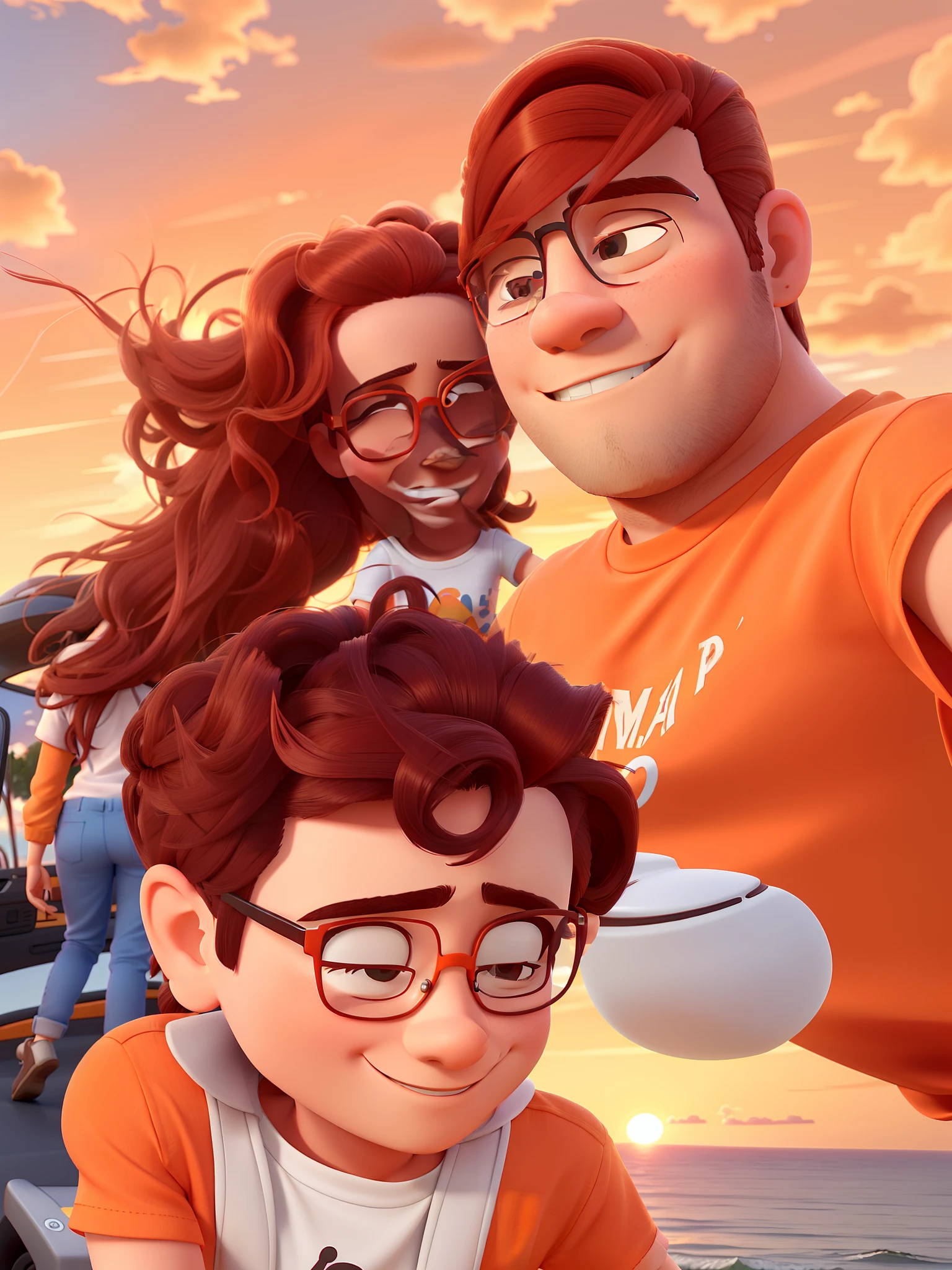 Homem moreno cabelo raspado e camiseta preta. Woman wearing glasses and hair blowing in the wind and orange shirt. Baby looking to the side, White shirt and gray jumpsuit . All smiling with the sunset behind them.