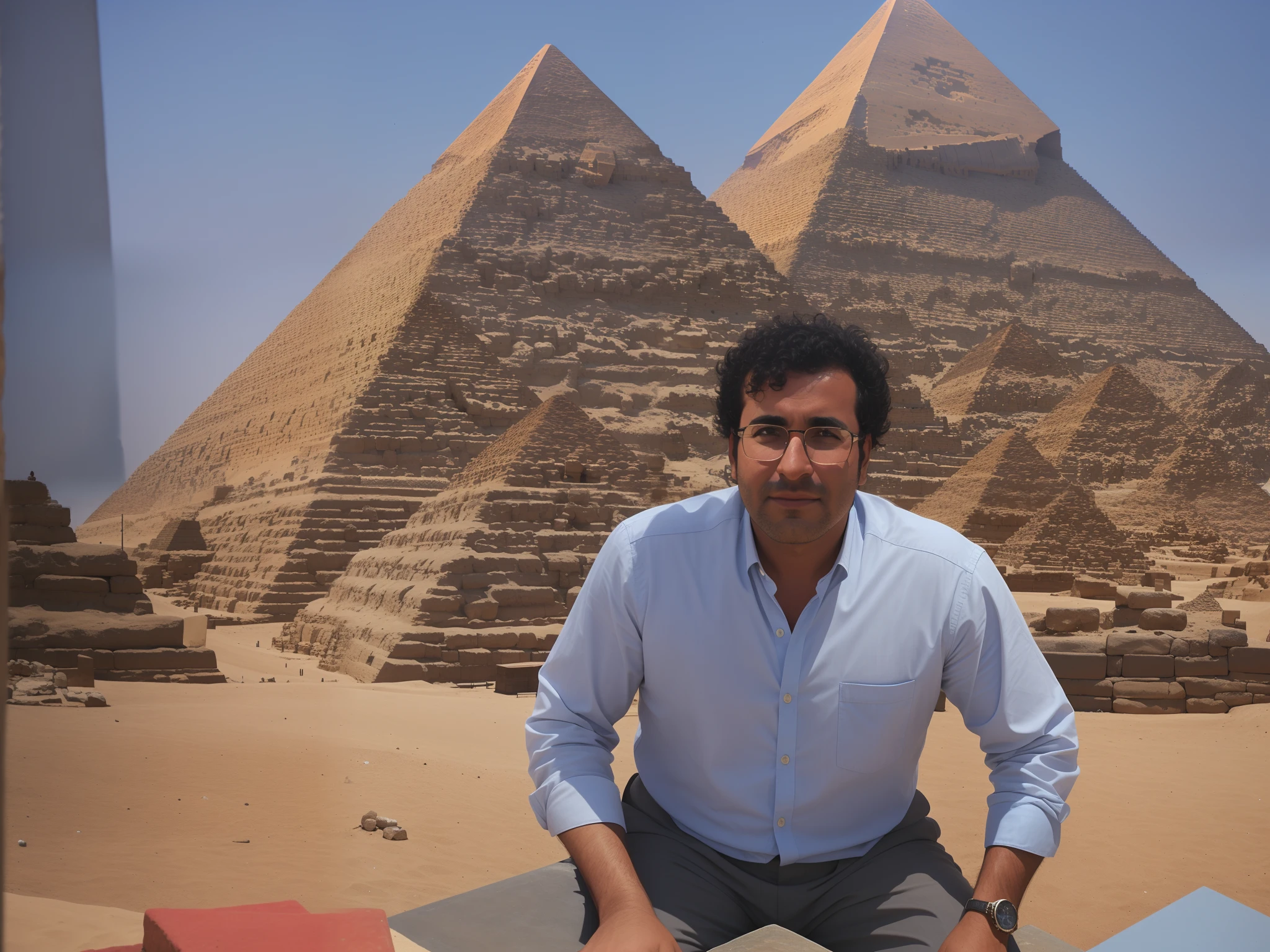 Arafed man in front of a wall with a pyramid and a pyramid, pyramids in the background, Directed by: Luis Molinari, pyramid in background, No Egito, pyramids in background, in giza, Directed by: Luis Miranda, Directed by: Tom Wänerstrand, Directed by: Juan O'Gorman, Federico Pelat, Egito, Directed by: Giorgio Cavallon, pyramids style