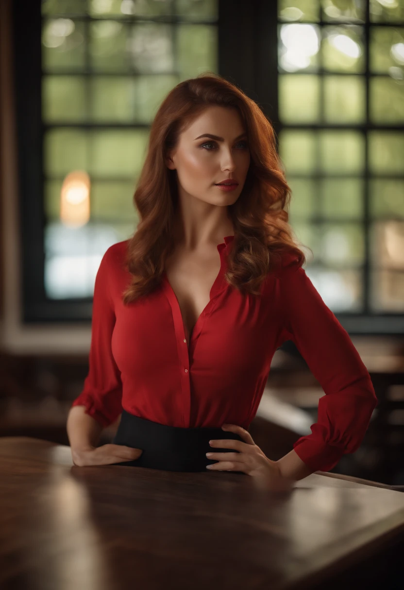 professional, (4k photo:1.1) by (Jeremy Lipking:0.3), (Dittmann Anna:0.3), (Arian Mark:0.3), (Sharp focus:1.3), high detail, wearing (lowcut red shirt:1.2), beautiful detailed face, hazel eyes, long auburn hair, (attractive young woman:1.3), (seductive:1.1), (blushing:1.1), hourglass body shape, large round perky breasts, wide thicc hips, in the vacation, sexy