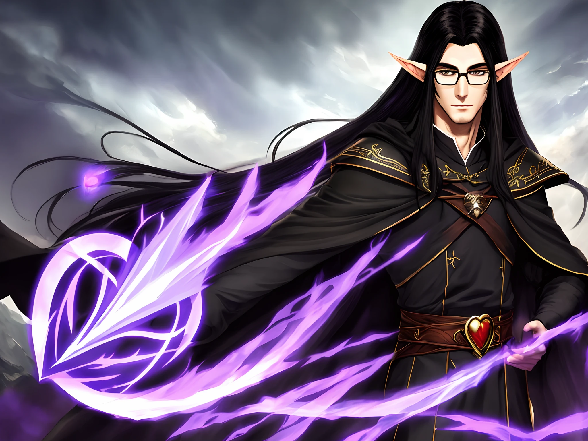 Man, 6’3, long black hair, loose hair, elf, high elf, mage, black robes, mage robes, purple magic, slim face, glasses, heart shaped face, pale skin, handsome, brown eyes, high elf, adult, thin but muscular