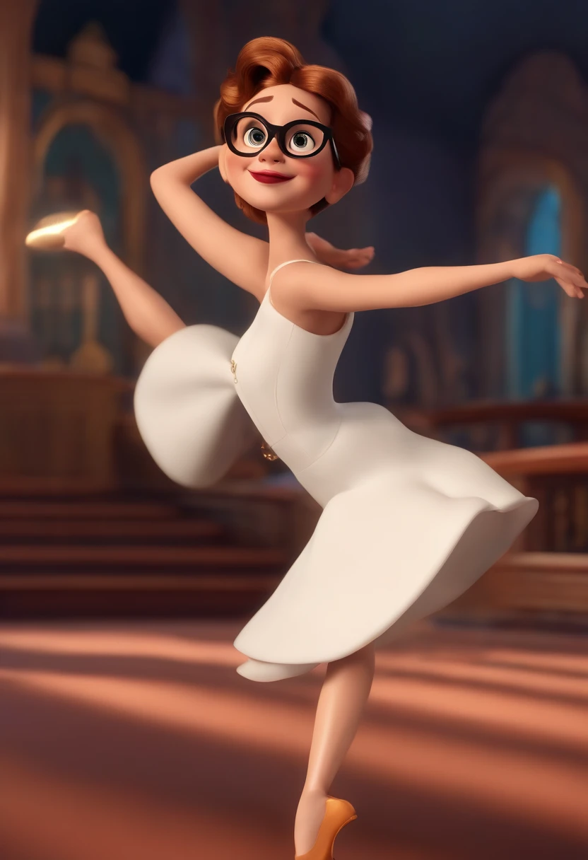 "(best quality,ultra-detalhado,Realistic:1.37),3D rendering,illustration,design de personagens,cabelos curtos e cacheados escuros,belos olhos detalhados,wearing white glasses,Estilo Pixar,morena mulher,Dancing on the Disney stage,atmosfera animada,vivid colors,luzes de palco,expression joyful"