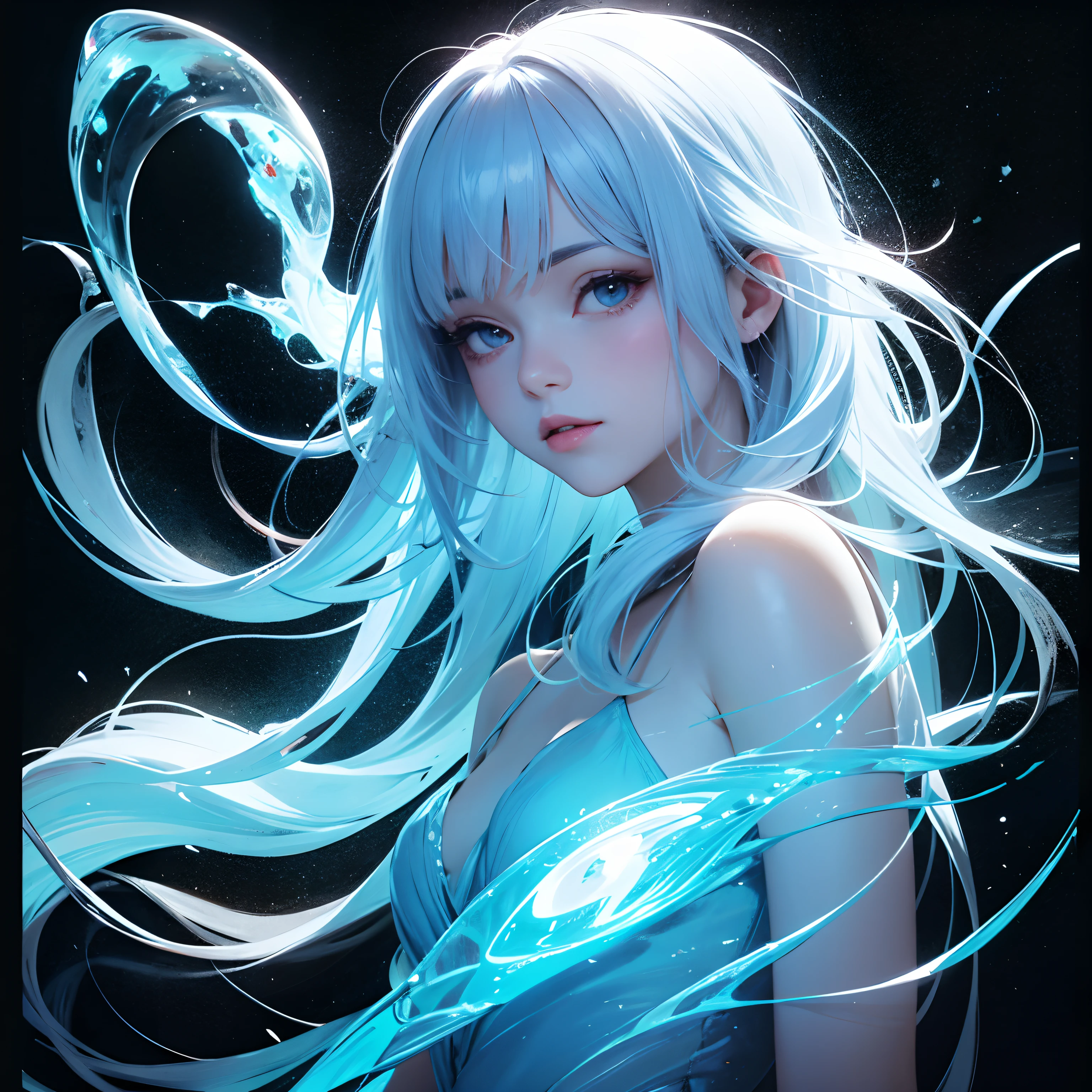 drawing of a cute young woman, long flowing hair, transparent bioluminescent glowing body, on a deep dark background, glassmorphisom,   32k by AiLove, Mysterious