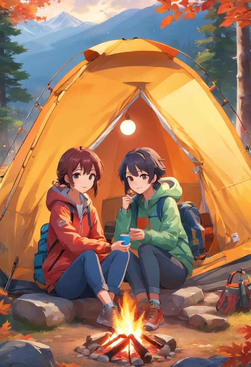 Location of red, yellow and green autumn leaves in the mountains: 1.3, Three beautiful people with symmetrical faces and perfect bodies: 1.4, Three beautiful people with perfect bodies: 1.4, Mountain bike and camper: 1.5, Japanese, drinking coffee on a simple table, two dogs in the background, outdoor, multi-person camping, tent, wonderful bonfire: 1.5, chatting,, movie-style composition of enjoying camping, fun I'm here, Smile, Very Pretty and Cute Face, Hide Hands, Best Quality, 8K, Masterpiece, Best Quality, Super Resolution, 8K Portrait, Unity 8K Wallpaper, 8K Portrait, Watercolor, Masterpiece, Stylish Design ,Trends,State-of-the-art,Outdoors, camper, Multi-person camping, teepee, Amazing bonfire: 1.5, chatting, , Movie-style composition to enjoy camping, Fun I'm here, Smile, Very cute and cute face, Hide hands, The highest image quality, 8K, masutepiece, The highest image quality, Super Resolution, 8K Portrait, Wallpapers by Unity 8K, 8K Portrait, watercolor paiting, masutepiece, Stylish design, trending, State - Cutting Edge,
,Facial features are carefully described，realistic skin textures，Dark style，depth of fields，high beams，Real Light，Streak Trace，OC rendering，Hyper-realistic，top-quality，8K，Works of masters，Superfine，Correct anatomy，sharp focus on eyes，Bokeh，Facial features are carefully described