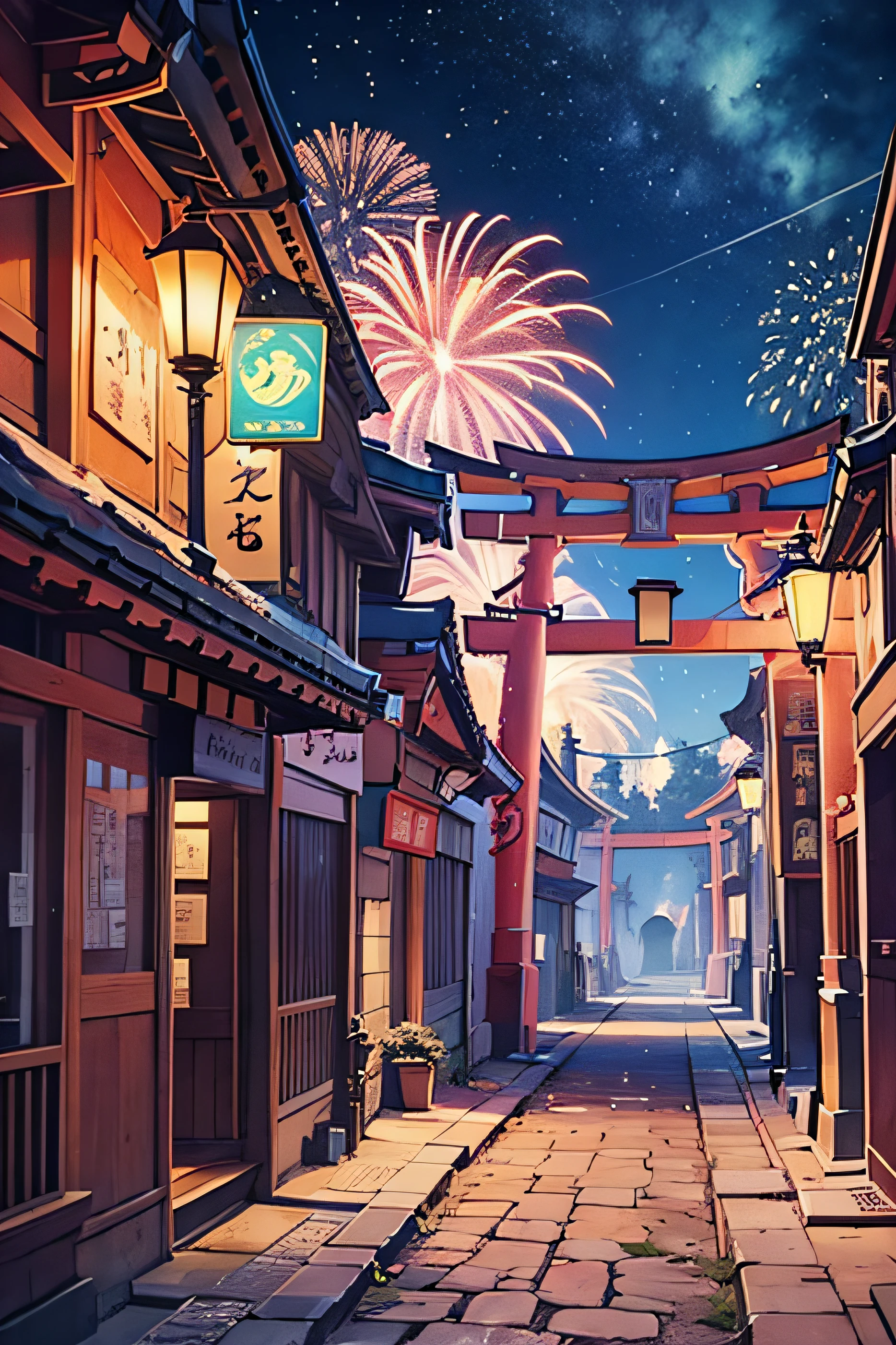 sci-fi, anime, torii, glow in the dark, fire works, new year, without a models
