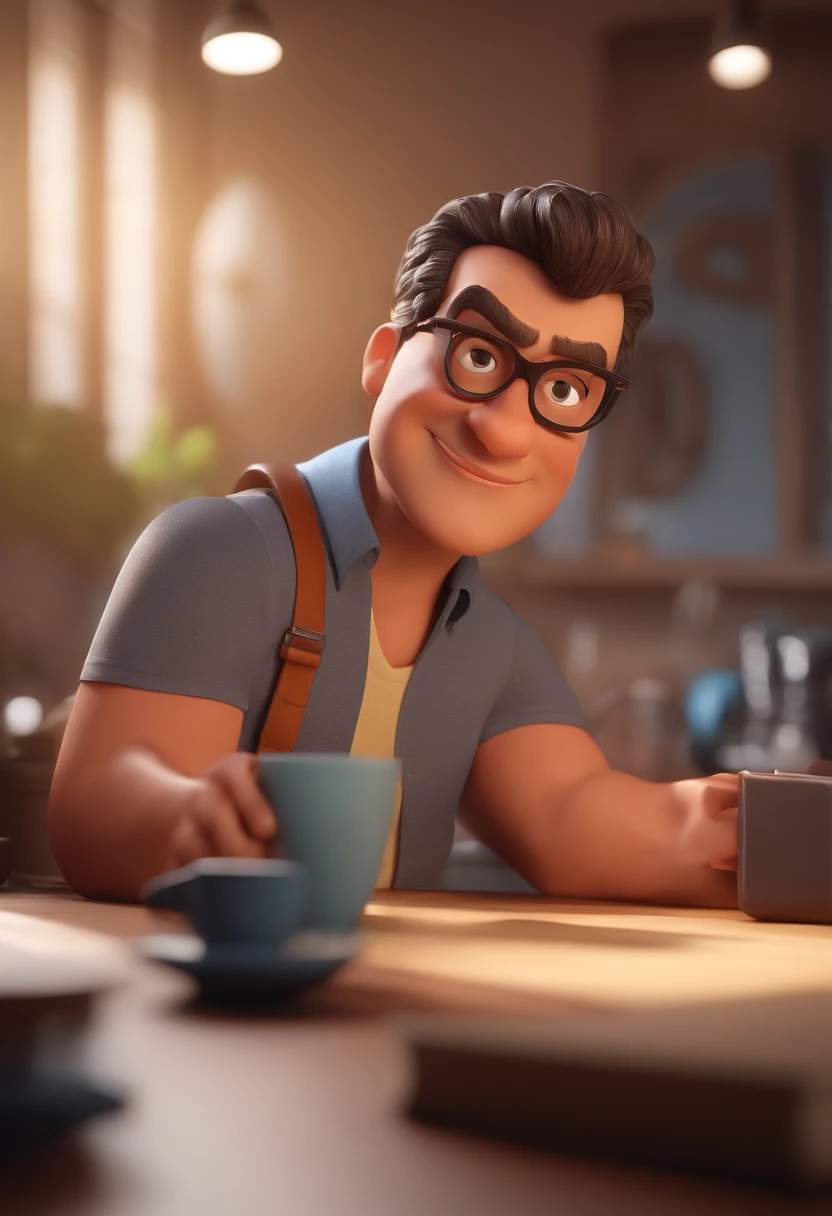 Cartoon character of a man with black glasses and a blue shirt, animation character, Caractere estilizado, animation style rendering, 3D estilizado, Arnold Maya render, 3 d render stylized, toon render keyshot, Personagem 3D, Personagem 3D, 3d rendering stylized, 3 d character render, personagem de desenho animado, Personagem de close up, Pose de personagem, (Estilo Pixar) (master part:1.2) (Bokeh) (best quality) (pele detalhada) (textura detalhada) (8k) (argila) (Cinematic lighting) (foco nítido