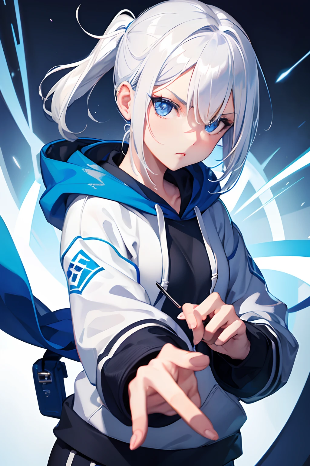 1girl, hoodie, blue eyes, white hair, pony tail, ultrasharp, short hair, 8k, looking at viewer, pretty eyes, perfect hands, mean stare