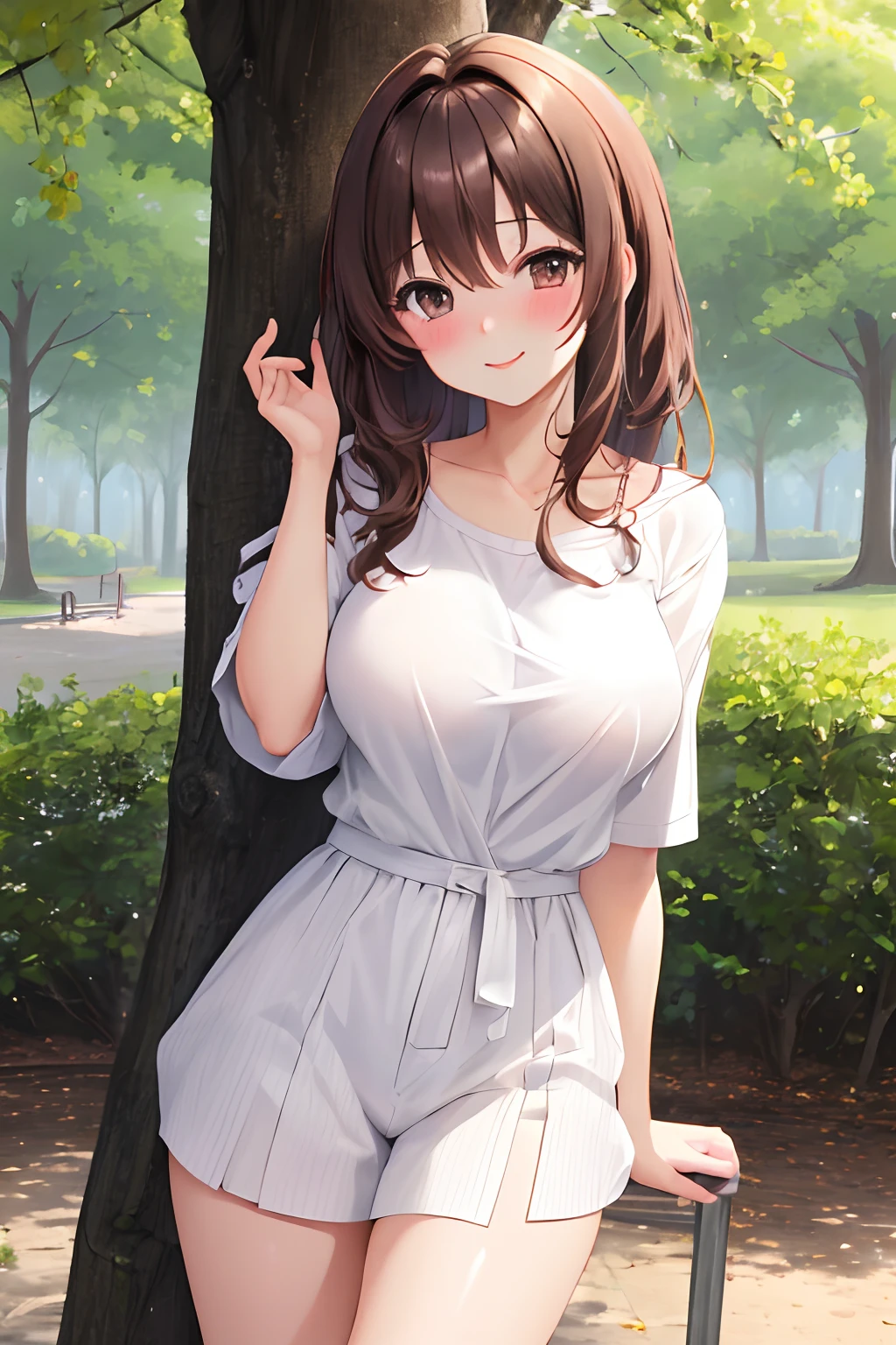 (masterpiece), (best quality), (ultra detailed), 1girl, ssexy pose, blush,medium breasts, casual clothes, happy, looking at viewer, large hair, brown hair, in the park with trees, shy