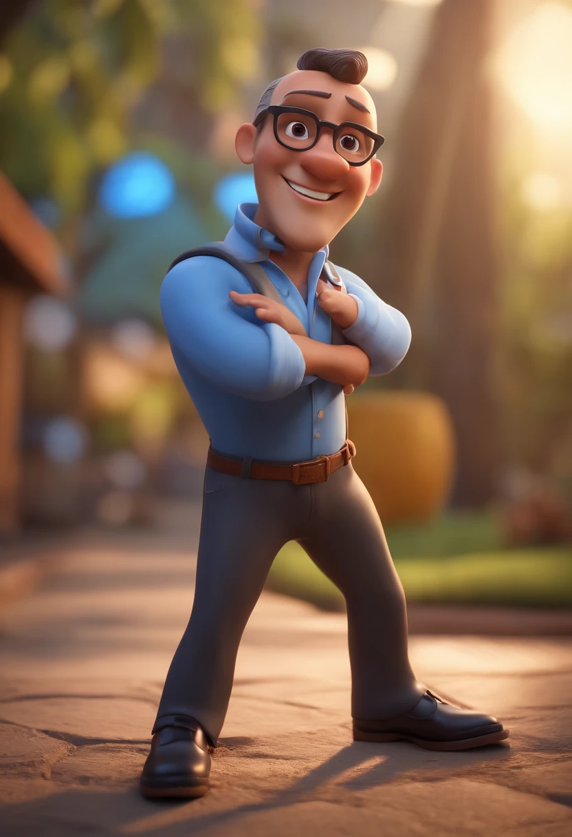 Cartoon character of a man with black glasses and a blue shirt, animation character, Caractere estilizado, animation style rendering, 3D estilizado, Arnold Maya render, 3 d render stylized, toon render keyshot, Personagem 3D, Personagem 3D, 3d rendering stylized, 3 d character render, personagem de desenho animado, Personagem de close up, Pose de personagem, (Estilo Pixar) (master part:1.2) (Bokeh) (best quality) (pele detalhada) (textura detalhada) (8k) (argila) (Cinematic lighting) (foco nítido