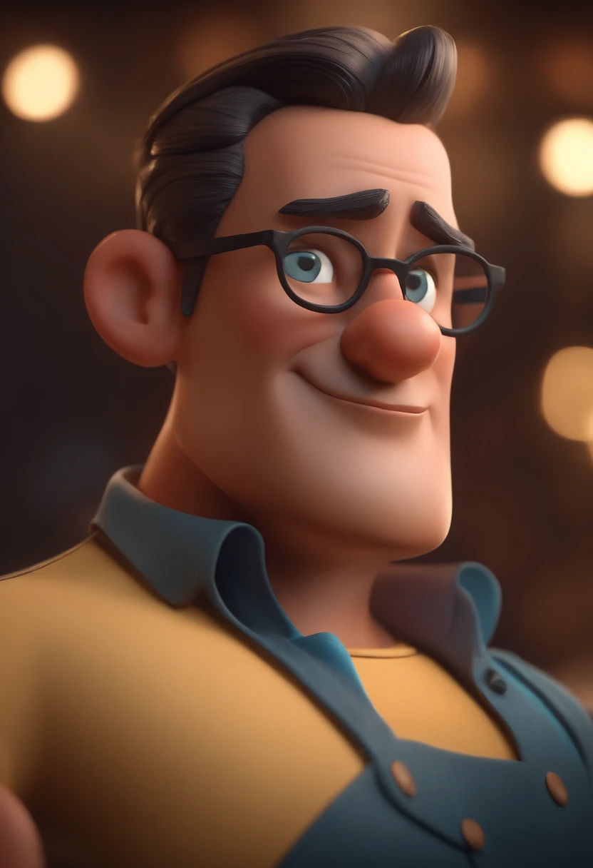 Cartoon character of a man with black glasses and a blue shirt, animation character, Caractere estilizado, animation style rendering, 3D estilizado, Arnold Maya render, 3 d render stylized, toon render keyshot, Personagem 3D, Personagem 3D, 3d rendering stylized, 3 d character render, personagem de desenho animado, Personagem de close up, Pose de personagem,  (Estilo Pixar) (master part:1.2) (Bokeh) (best quality) (pele detalhada) (textura detalhada) (8k) (argila) (Cinematic lighting) (foco nítido