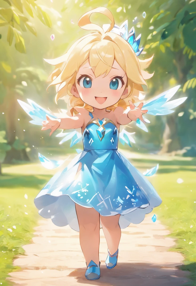 best quality, masterpiece, photorealistic, extremely detailed CG unity 8k wallpaper, chibi,1girl, elsa,solo, full_body, smile, looking_at_viewer, outdoors,