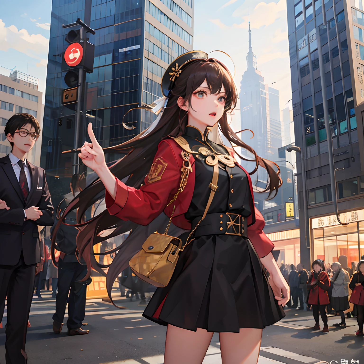 A crowd of spectators was talking,Onlookers are under a tall building,The crowd was stunned,A girl opens her mouth wide,Extend your index finger,pointing finger,Best Picture Quality,A masterpiece,super-fine,超高分辨率,32K
