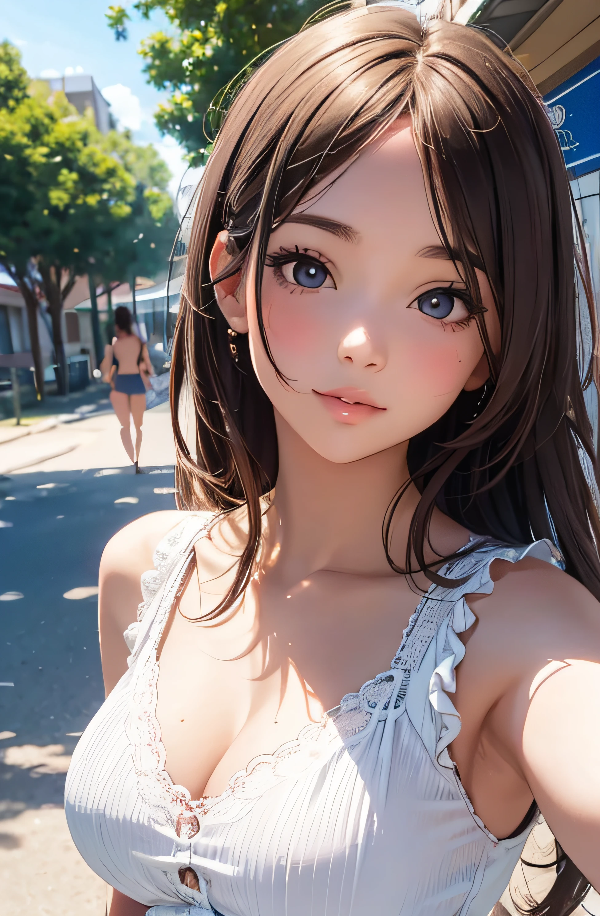 girl in summer clothes, top shot,((selfie)), random background, kiss, beautiful, medium breasts, flirtatious look, ((very detailed)), (perfectly detailed face), (well detailed hand), photorealistic image.