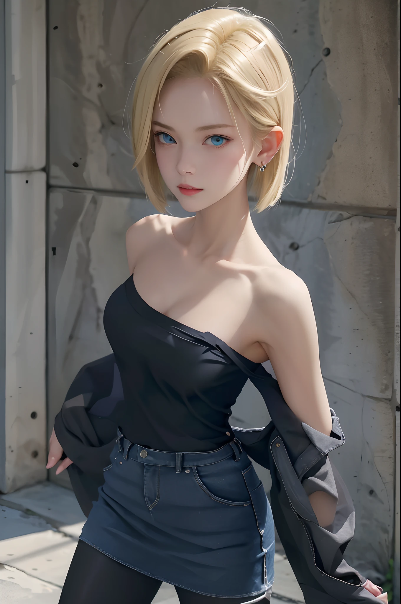 best quality, highres, and18, 1girl, android 18, solo, blonde hair, blue eyes, short hair, earrings, jewelry, denim vest, open vest, black pantyhose, black shirt, denim skirt, striped long sleeves, blue skirt, medium breasts, cowboy shot, street, (Externally expanded Chest:1.2), (Strapless:1.2), off-the-shoulder,