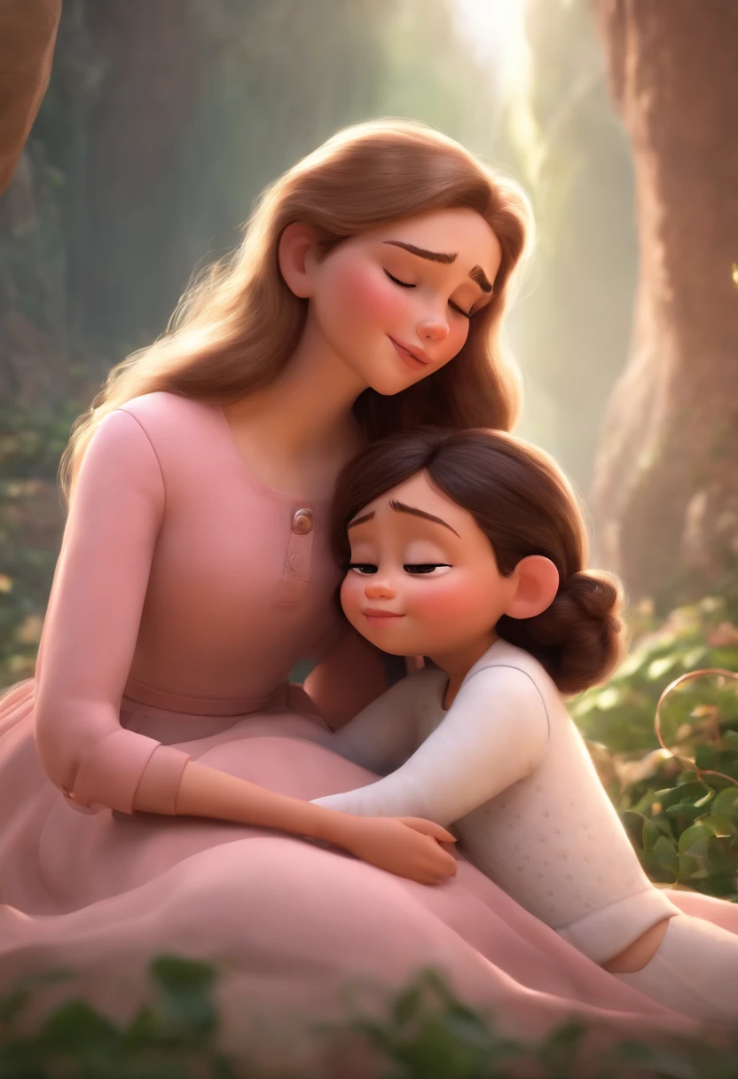 Disney-pixar style, doula, providing physical support, with square glasses almost translucent, wearing a light pink outfit, short, brunette hair, brown eyes, looking with compassion, looking at and holding the hand of another woman with long hair and blonde women in labor, with their eyes closed and a slight facial expression of pain sit on a swiss ball, wearing a black top