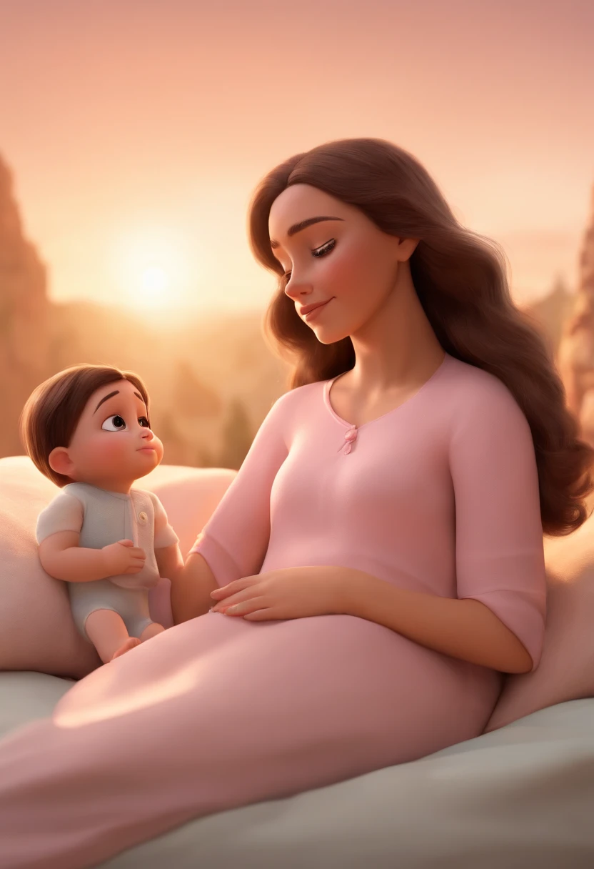Disney-pixar style, doula, providing physical support, with square glasses almost translucent, wearing a light pink outfit, short, brunette hair, brown eyes, looking with compassion, looking at and holding the hand of another woman with long hair and blonde women in labor, with their eyes closed and a slight facial expression of pain sit on a swiss ball, wearing a black top