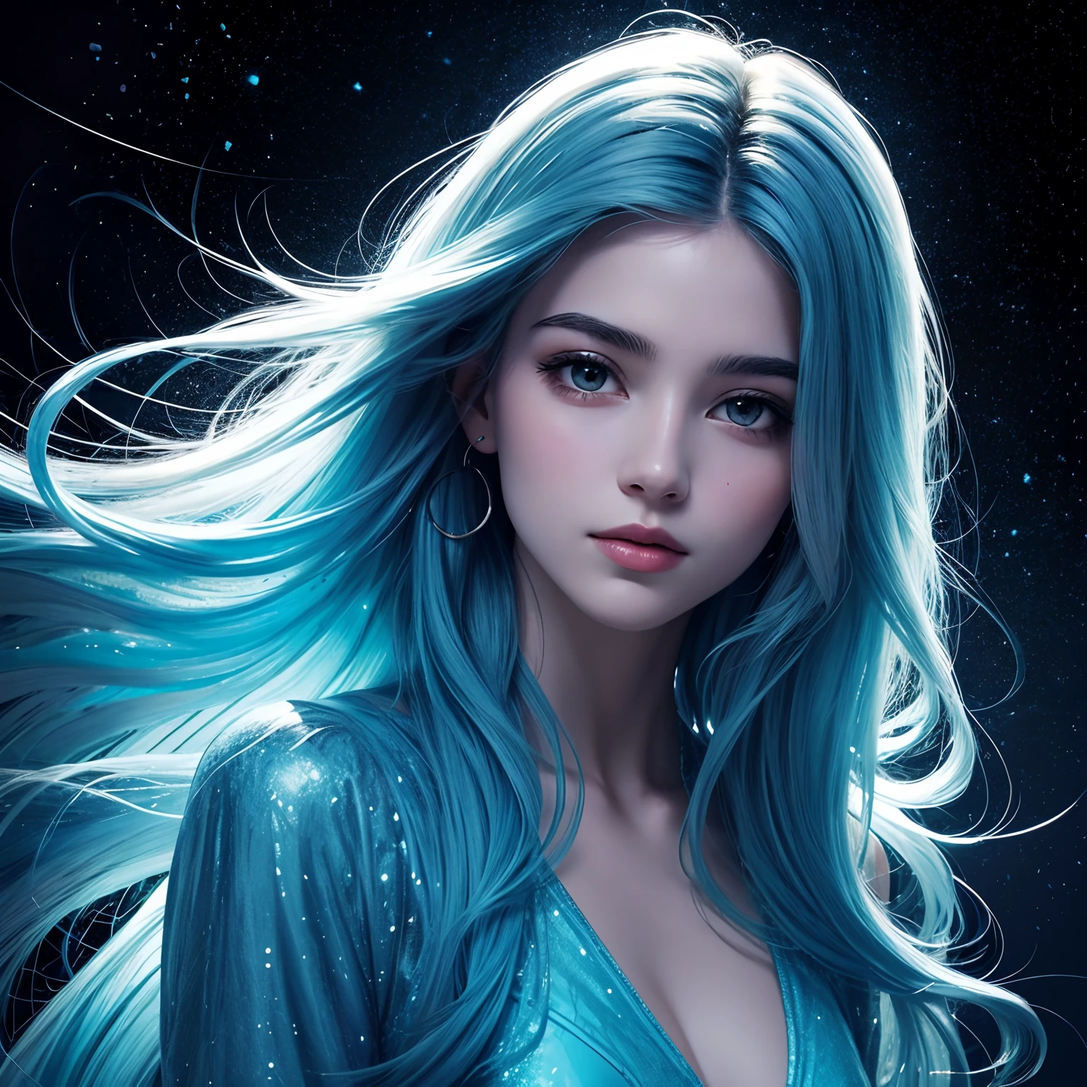 desenho de uma mulher jovem bonito, long flowing hair, corpo brilhante bioluminescente transparente, em um fundo escuro profundo, Glassmorphisom,   32k por AiLove, Misterioso