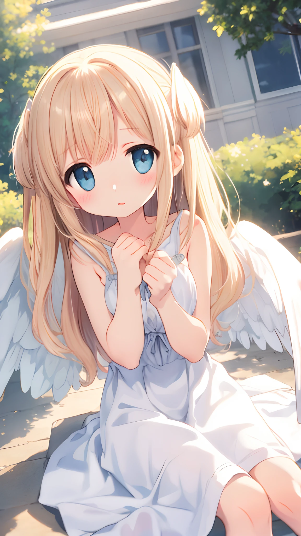 Cute angel girl，Angel wings，DOA，Sat down，Atmospheric sense of dusk