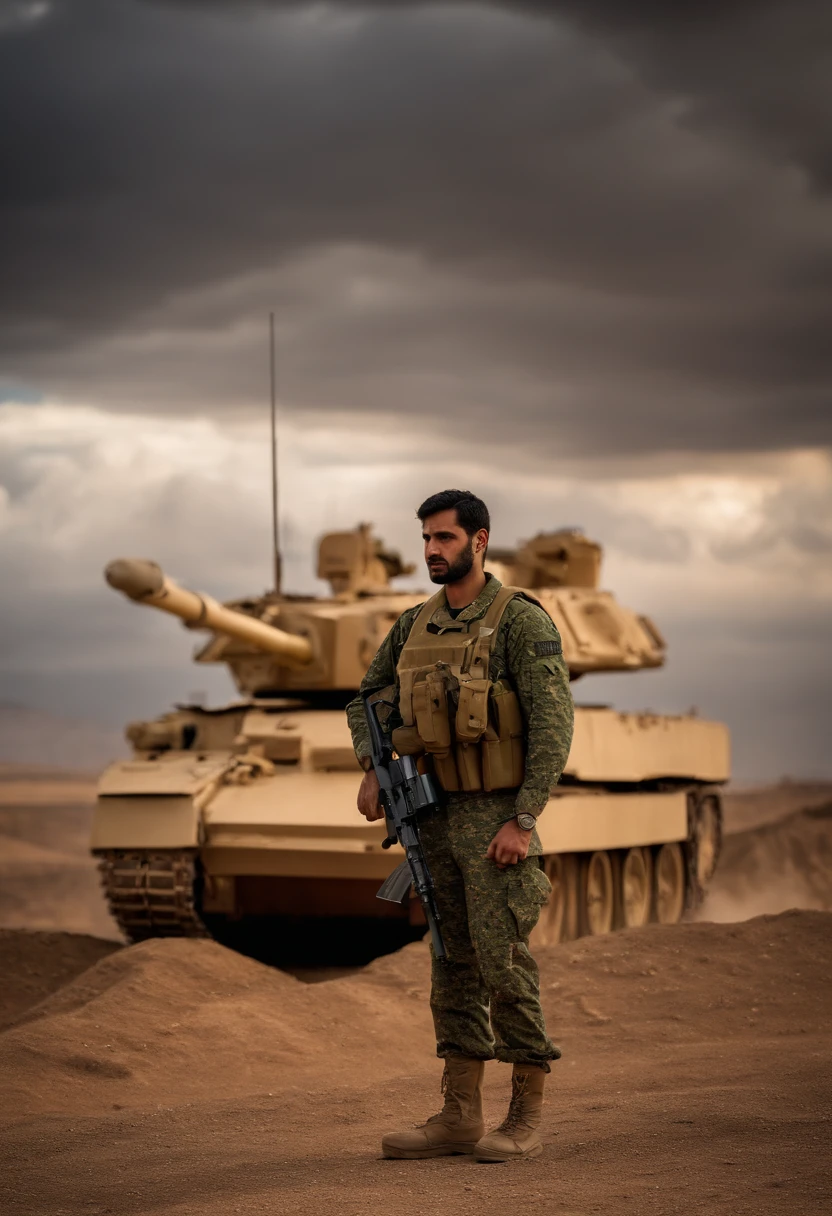 military person, Iranian Revolutionary Guard Corps, Colt rifle, cloudy sky, Merkava tank,