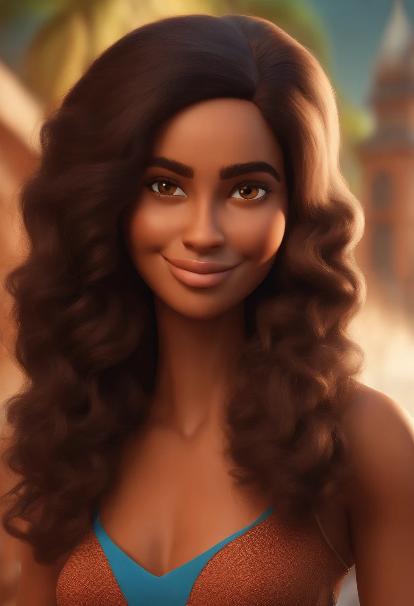 make a 3D Pixar style poster,of a tanned medium medium-skinned woman, cabelo longo liso, castanho, repartido ao meio, mandando beijinho