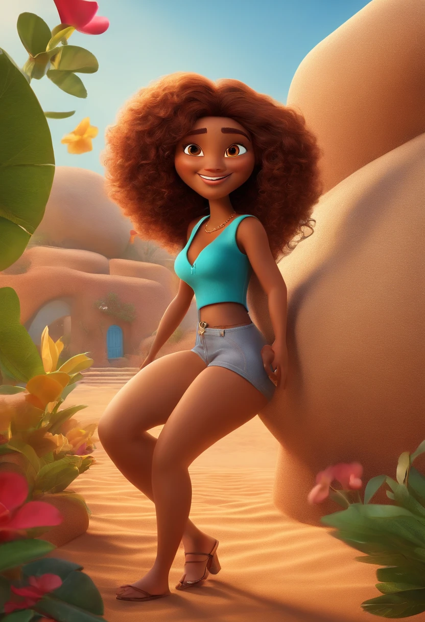 make a 3D Pixar style poster,of a tanned medium medium-skinned woman, cabelo longo liso, castanho, repartido ao meio, mandando beijinho