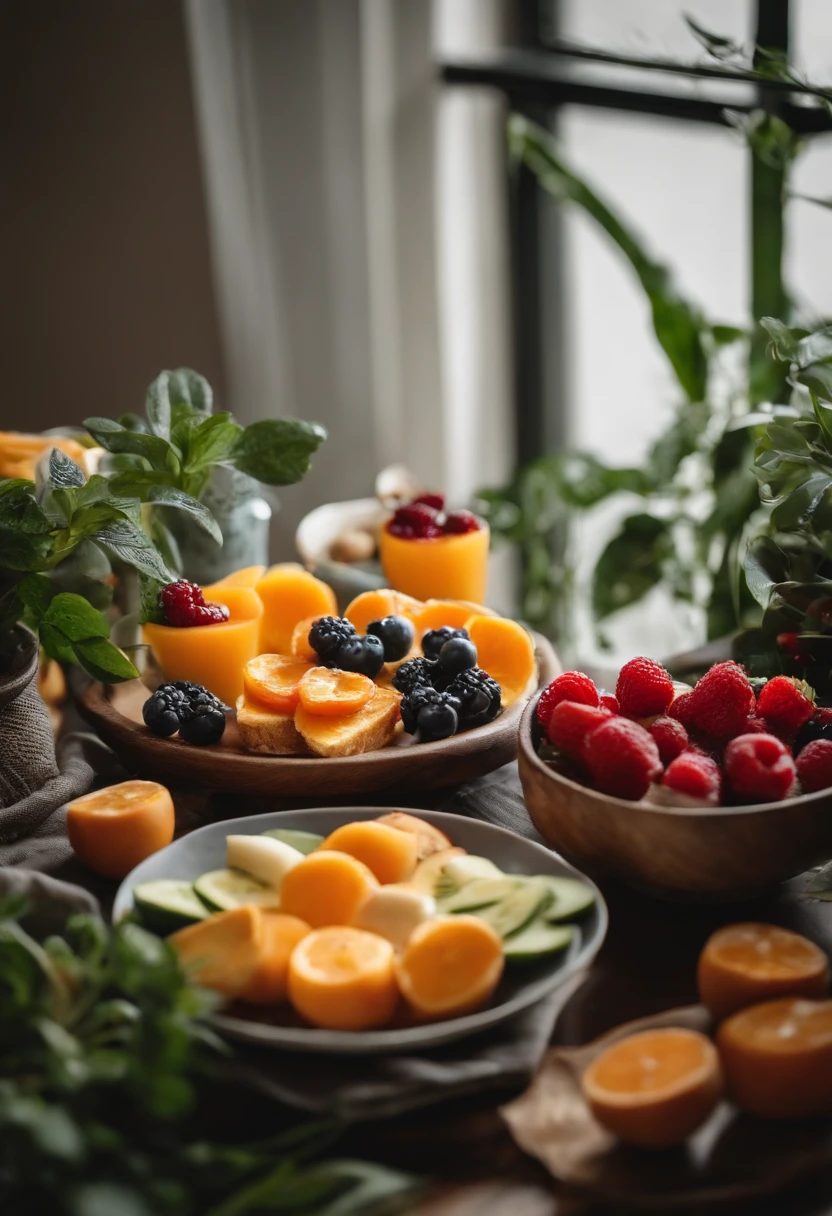 Healthy breakfast on the table,Some plant decorations, focus mainly on food