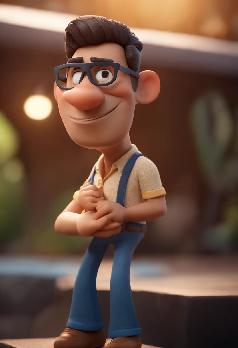 Cartoon character of a man with black glasses, cabelo cacheado marrom escuro e uma camisa azul, animation character, Caractere estilizado, animation style rendering, 3D estilizado, Arnold Maya render, 3 d render stylized, toon render keyshot, Personagem 3D, Personagem 3D, 3d rendering stylized, 3 d character render, personagem de desenho animado, Personagem de close up, Pose de personagem,  (Estilo Pixar) (master part:1.2) (Bokeh) (best quality) (pele detalhada) (textura detalhada) (8k) (argila) (Cinematic lighting) (foco nítido