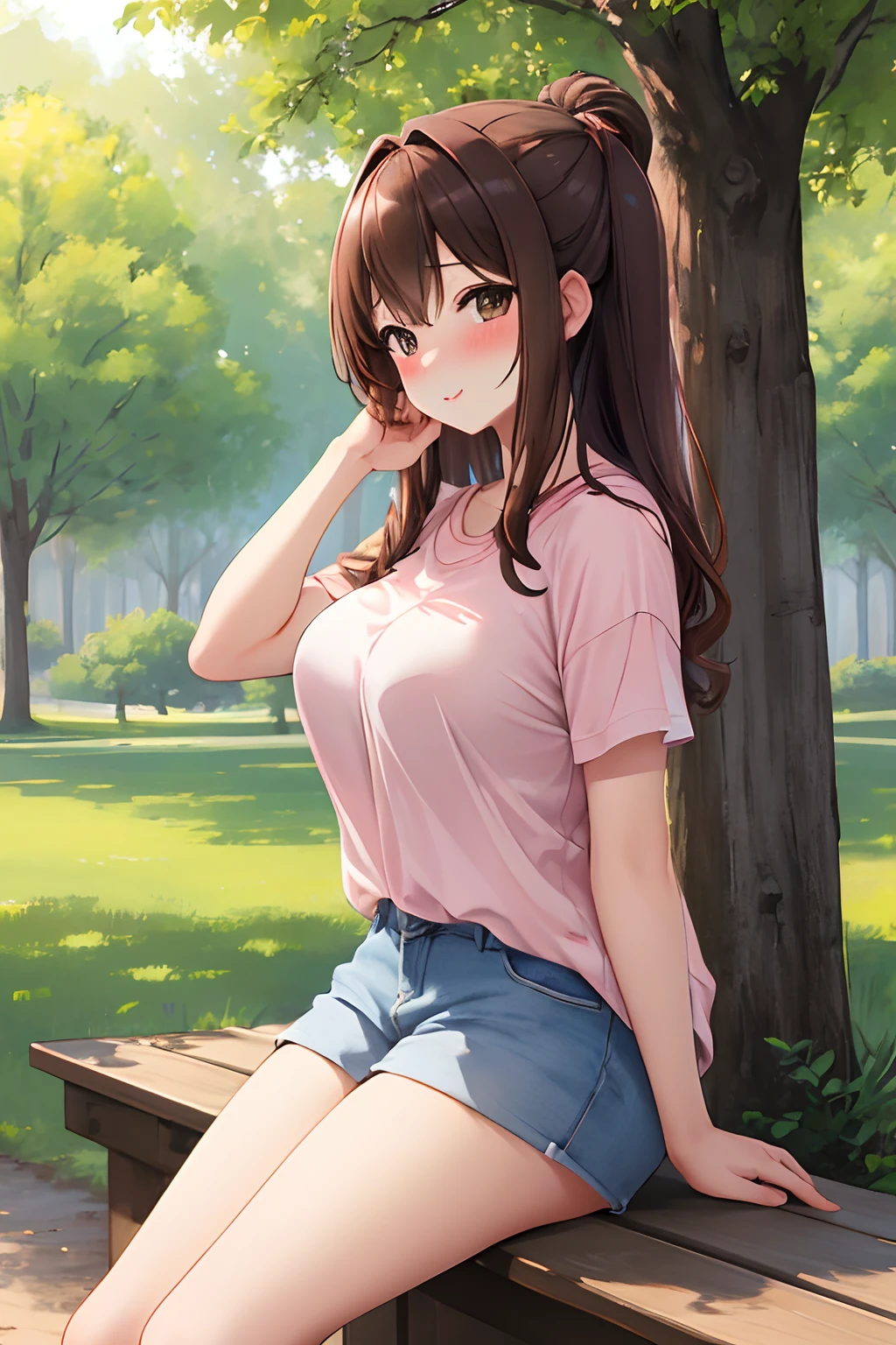 (masterpiece), (best quality), (ultra detailed), 1girl, ssexy pose, blush,medium breasts, casual clothes, happy, looking at viewer, large hair, brown hair, in the park with trees, shy