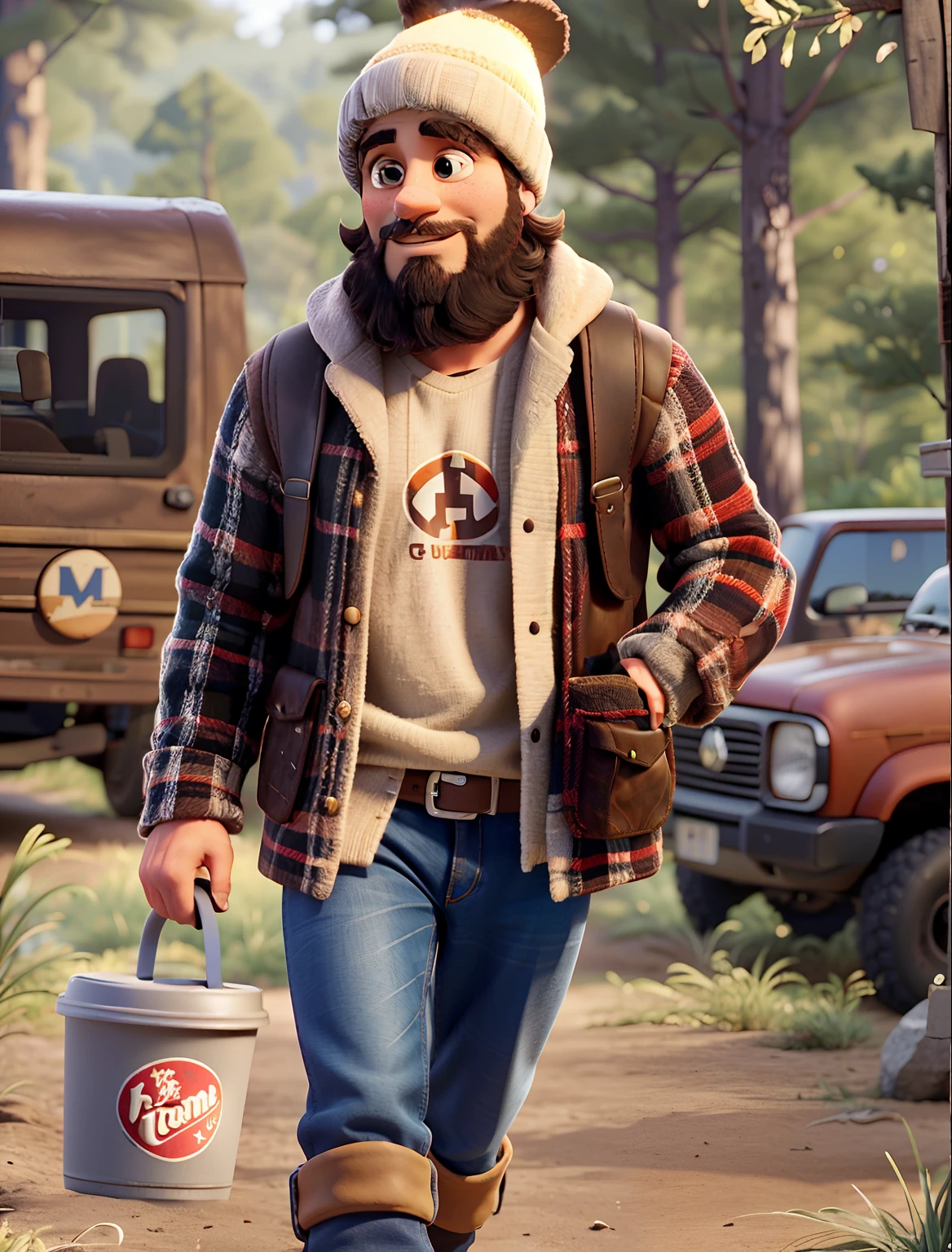 Um homem extremamente com barba cheia, usando um tuque, Buffalo plaid flannel, jeans e algumas botas Timberland marrons, while he holds a cup of red Tim Hortons coffee, holding his hand out saying applause to the camera, na natureza das montanhas nevadas, Fundo desfocado, Alce no fundo, veado, Ursos, profundidade de campo rasa, Cinematic light, luz suave, retroiluminado, micro-detalhes, fotorrealismo, fotorrealista, cinemactic, 85mm 1.4