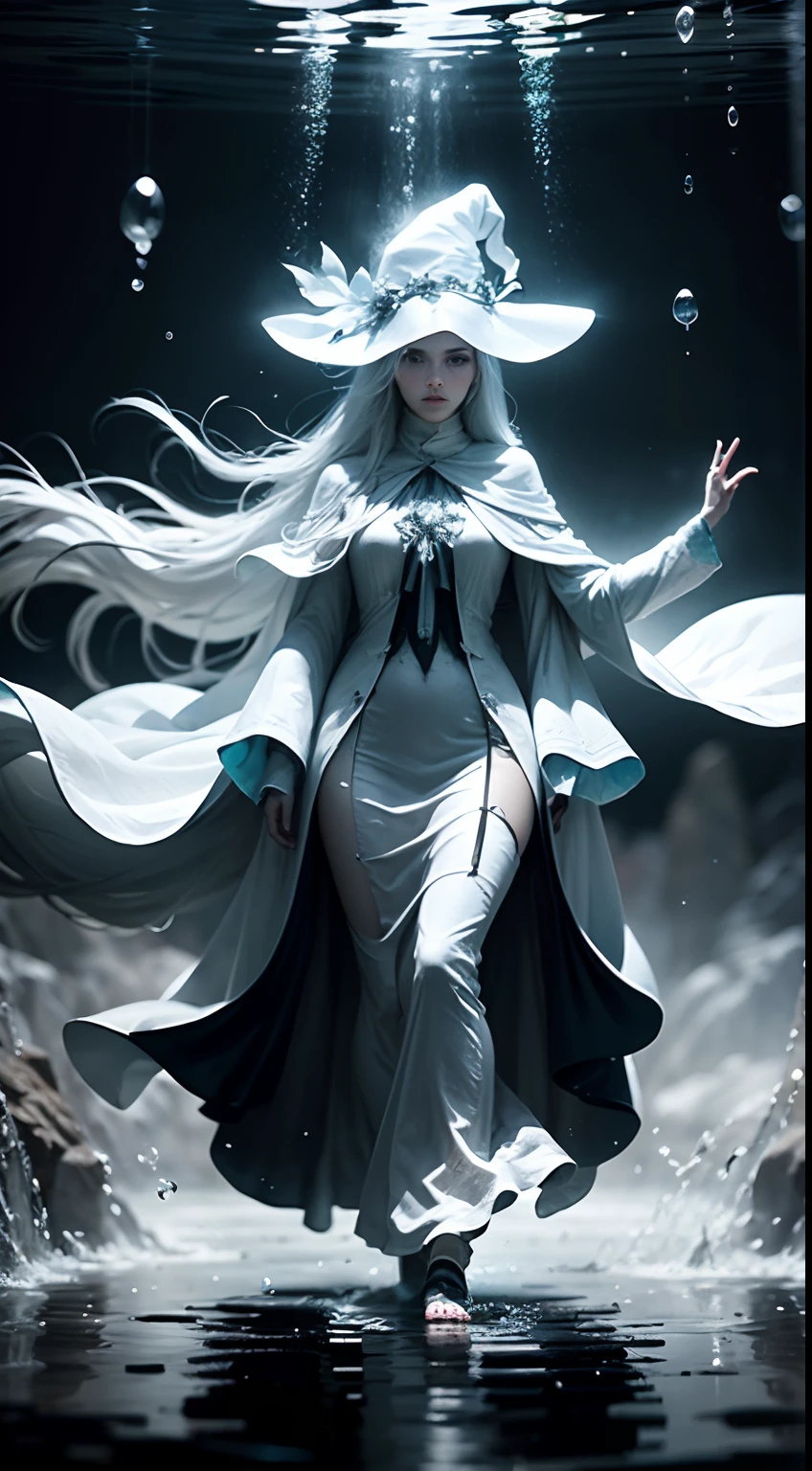 Full-body view photograph in the distance，full-body portraits，long  white hair，Witch Woman，teens girl，White witch robes，White witch hat，Water Mage，White-colored skin，Background with，Water curtain，with light glowing，Floating water rings，particles floating，Full-body view photograph in the distance，full-body portraits