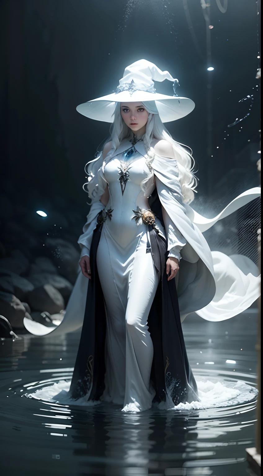 Full-body view photograph in the distance，full-body portraits，long  white hair，Witch Woman，teens girl，White witch robes，White witch hat，Water Mage，White-colored skin，Background with，Water curtain，with light glowing，Floating water rings，particles floating，Full-body view photograph in the distance，full-body portraits