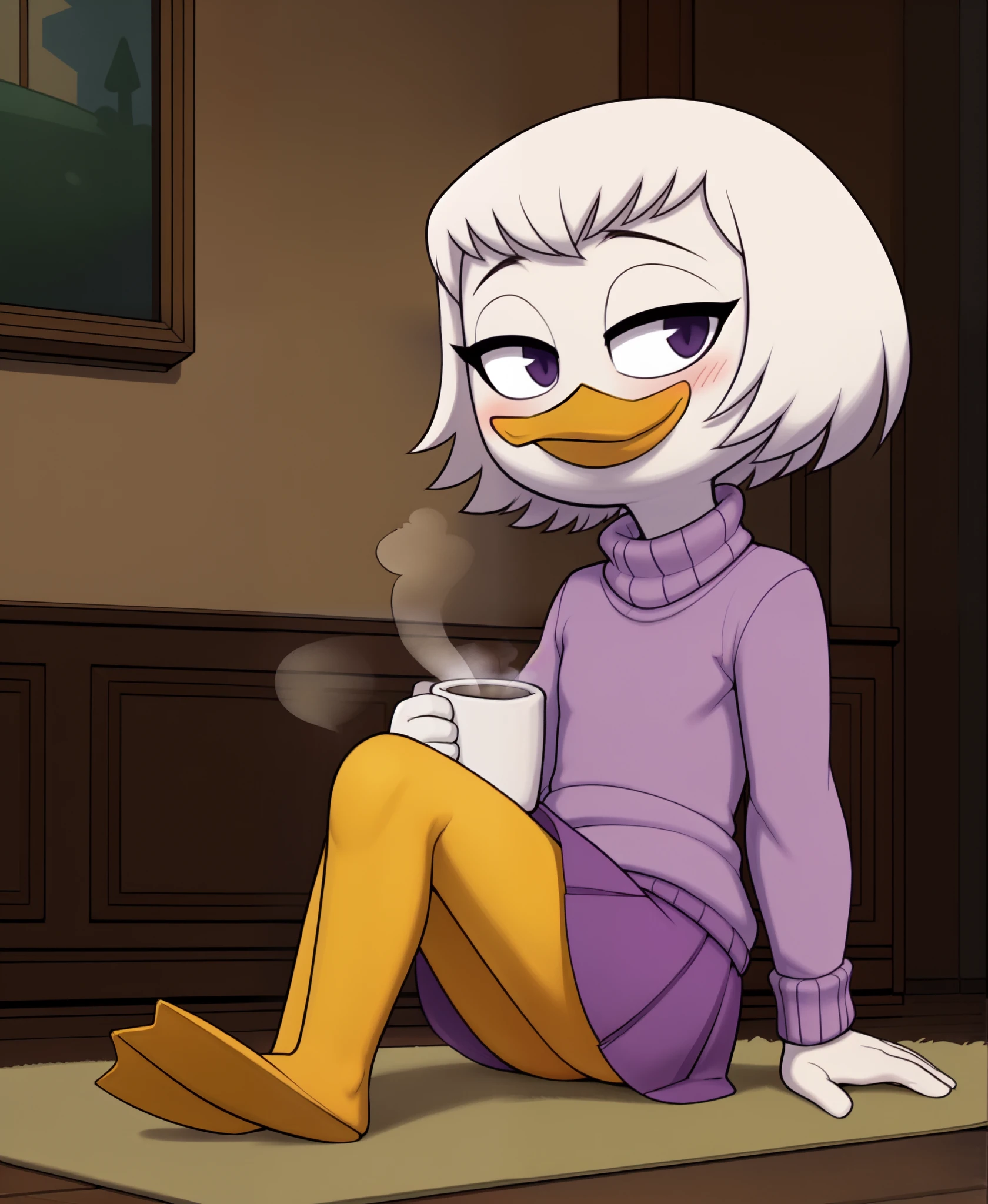 (by drockdraw:1.2) (by chelodoy:1) (by ashraely:1) webby vanderquack, white skin, white hair, beak, ducktales, scut tail, webbed feet, (orange legs:1.2) short hair, (sweater, rolled up sleeves:1.3) (purple skirt:1.3) sitting, legs crossed, (holding mug, steam:1.4) clothed, black eyes, full-length portrait, eyeliner, smile, young, blush, (inside, warm colors, bedroom, wood floor, carpet, window:1.1) (snowing outside:1.3)