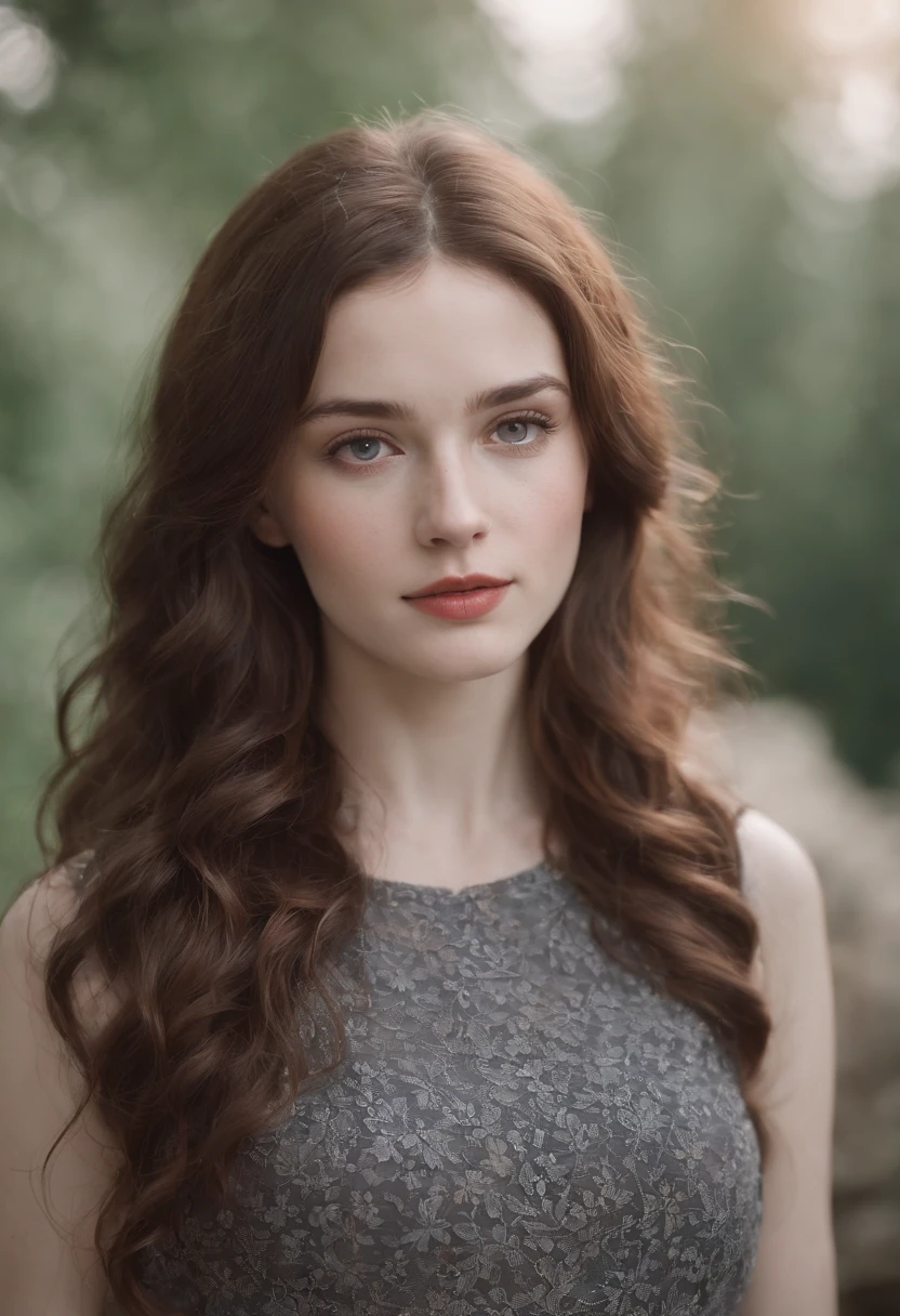 "Full body portrait of a charming 24 year old women with pale skin, long hair, curly very dark brown coloured hair, a late 80s hair style look, small freckles, petite figure, beautiful face, captivating hazel eyes, and modest bust size, showcasing her natural beauty.”