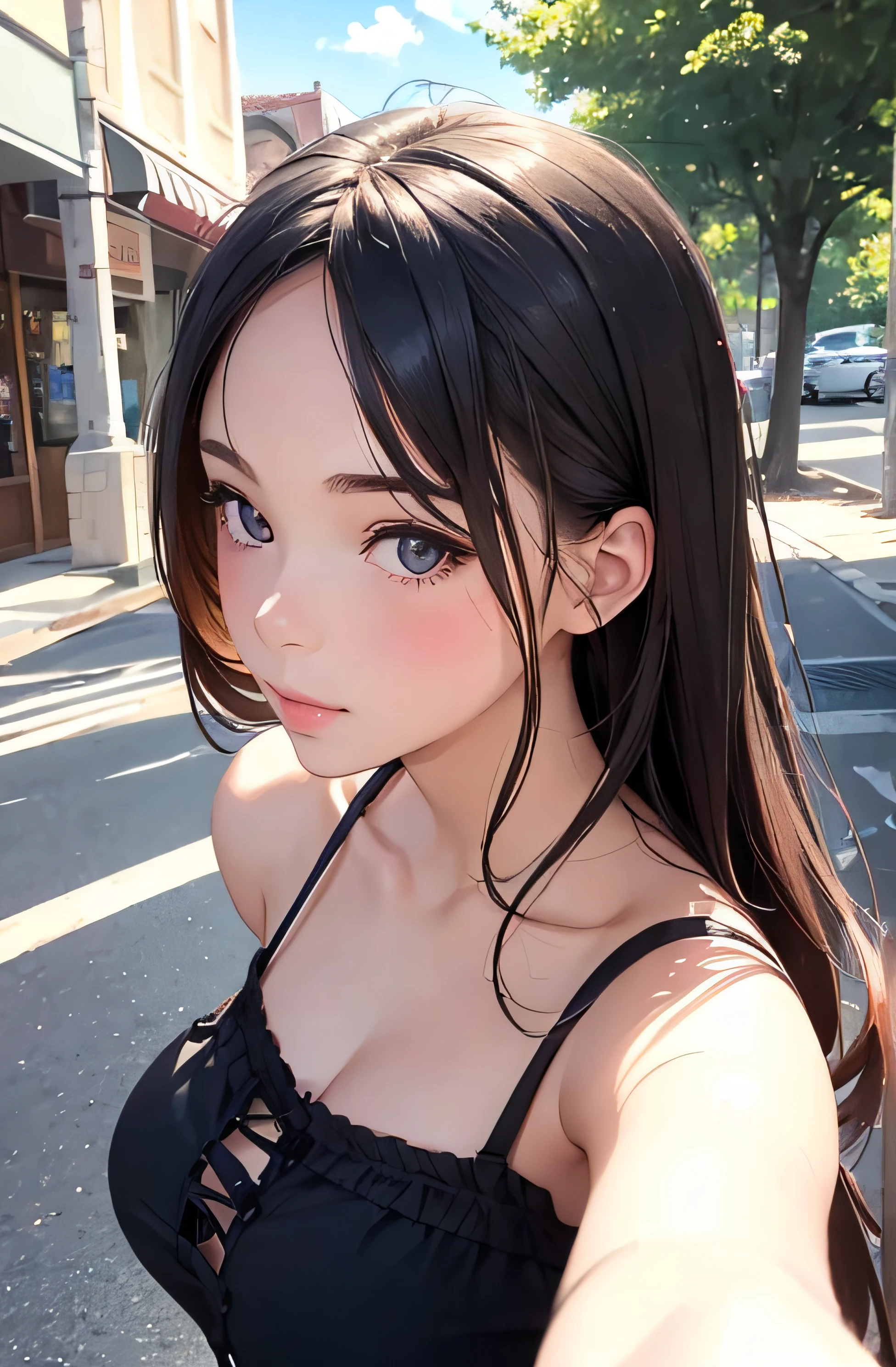 girl in summer clothes, top shot,((selfie)), random background, kiss, beautiful, medium breasts, flirtatious look, ((very detailed)), (perfectly detailed face), (well detailed hand), photorealistic image.
