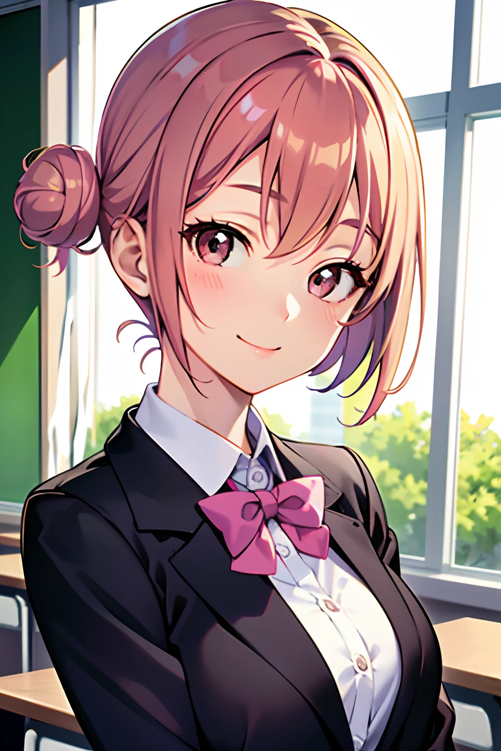 best quality, masterpiece, portrait, close up, upper body,
1girl, yuigahama yui, pink hair, brown eyes, short hair, single hair bun, medium breasts, school uniform, black jacket,
indoors, classroom,
looking at viewer, smile