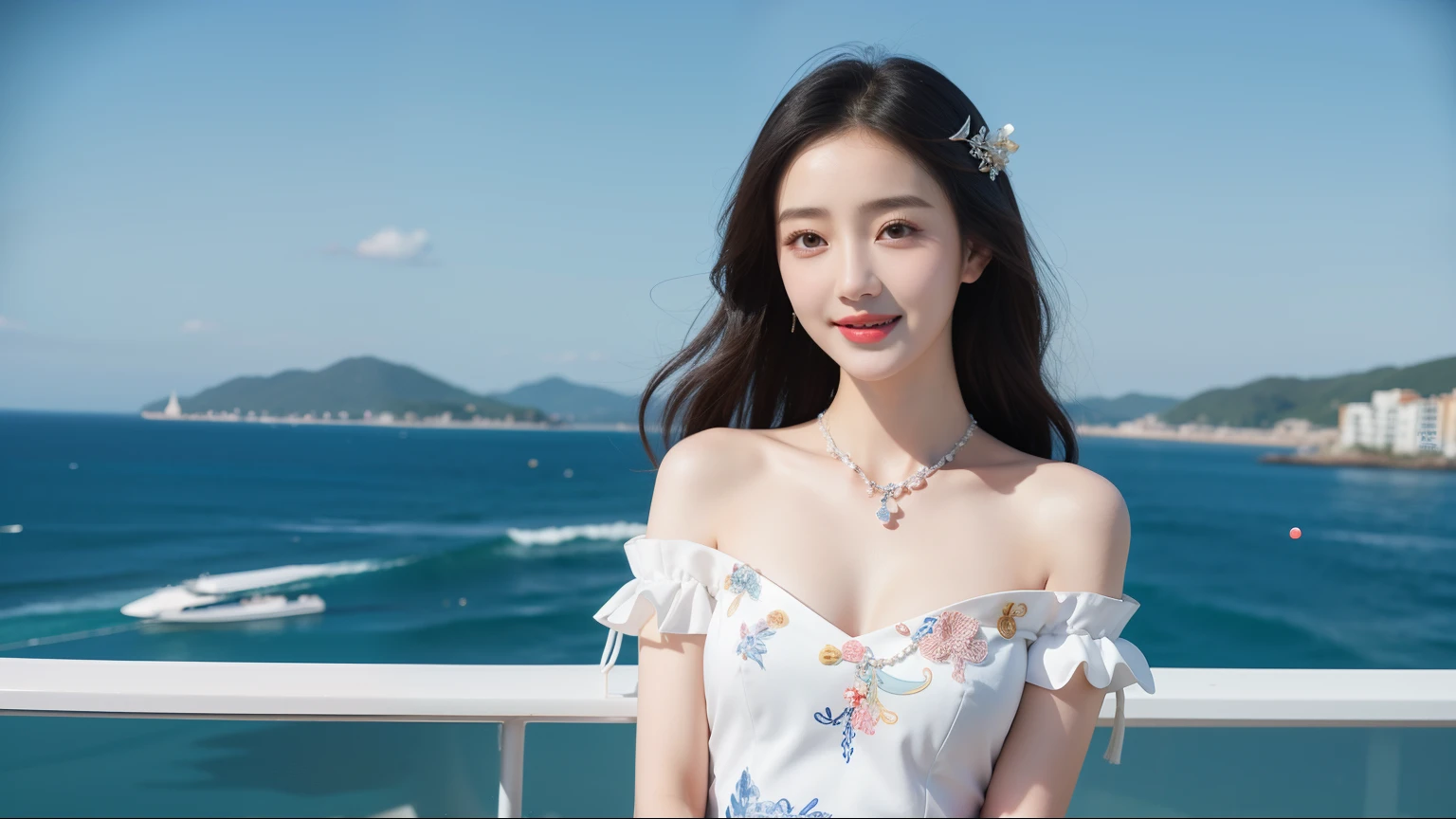 Beautiful woman in white dress standing on a balcony overlooking the sea, Beautiful smiling Chinese woman, Beautiful young Chinese woman, Gorgeous young Chinese woman, queen of the sea mu yanling, Cute Chinese actress, dilraba dilmurat, Chinese girl, gorgeous chinese models, ruan jia beautiful!, Chinese girl, jaeyeon nam, bae suzy, Chinese woman