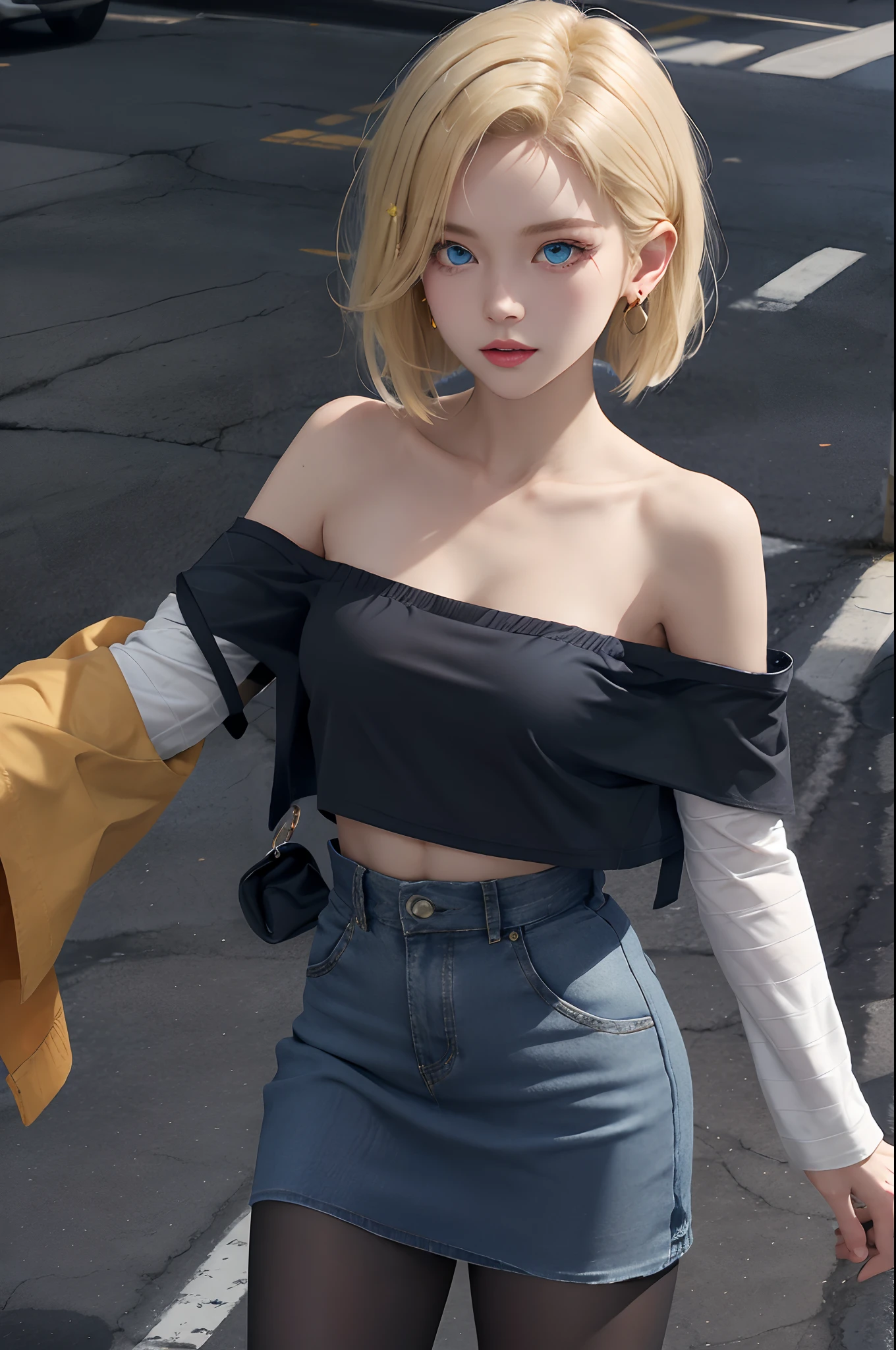 best quality, highres, and18, 1girl, android 18, solo, blonde hair, blue eyes, short hair, earrings, jewelry, denim vest, open vest, black pantyhose, black shirt, denim skirt, striped long sleeves, blue skirt, medium breasts, cowboy shot, street,  (Externally expanded Chest:1.2), (Strapless:1.2), off-the-shoulder,