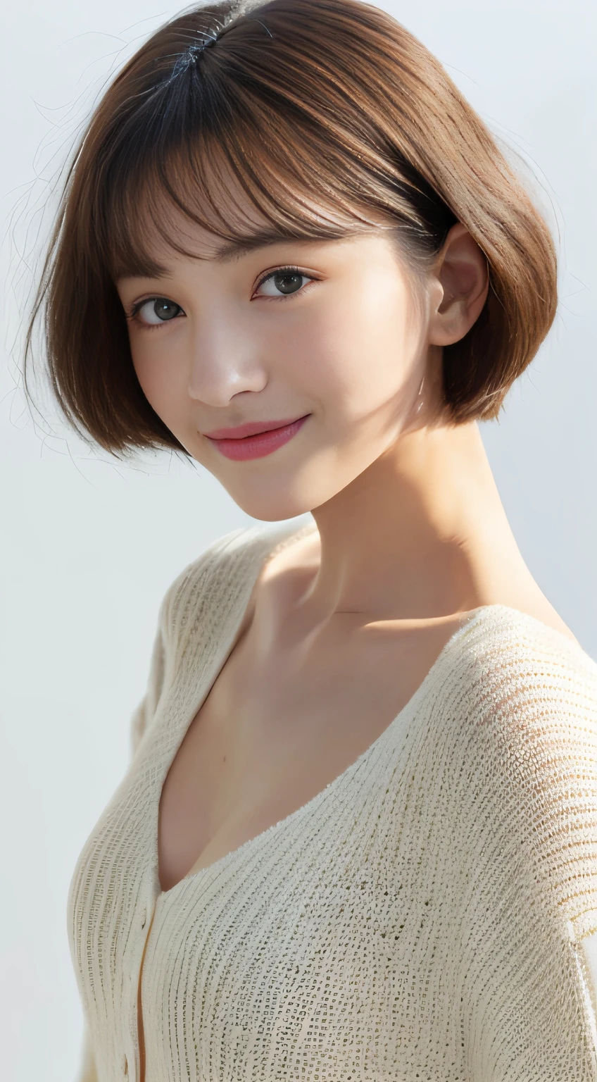 ((masterpiece、top-quality、high-detail))、Upright landscape:1.2、Full Body Female 1.2,((dark brown hair、Model body type:1.2))、short-cut,French Bob,Hides the skin,Cardigan,Oversized knitwear,((Clear pure white skin)),((Japanese actressl,Japan idle,a japanese girl)),Beautuful Women,女の子1人、(Photorealsitic:1.4)、独奏、White background、with a pure white background、closes mouth、Happy smile,Smile happily、pretty black hair、Shorthair、big eye、Distinct double eyelids、Lashes、Put your ears out、long neck、Absolute area、skirt by the、(Cap、Draw all the shoulders)、22year old、Attractive proportions、glowy skin、Clean collarbone、The face of the golden ratio、face perfect、Tear mole、Mole on the chest、bangss、Clean bangs、lipgloss、thin lipss、White-colored skin,
