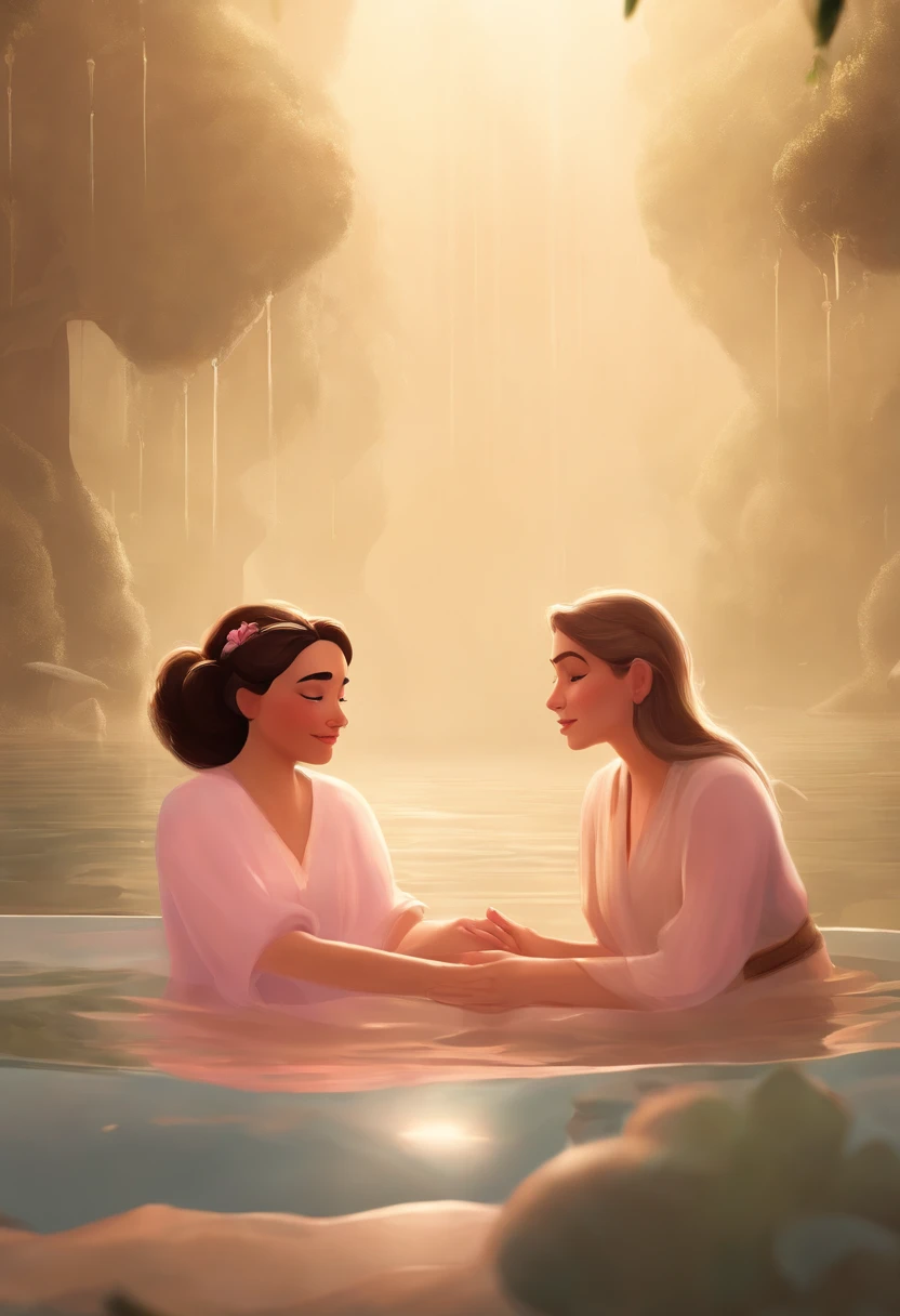 Disney-pixar style, doula, providing physical support, with square glasses almost translucent, wearing a light pink outfit, short, brunette hair, brown eyes, looking with compassion, looking at and holding the hand of another woman with long hair and blonde women in labor, with their eyes closed and a slight facial expression of pain sit on a swiss ball under the showe with the water falling off her shoulders, wearing a black top