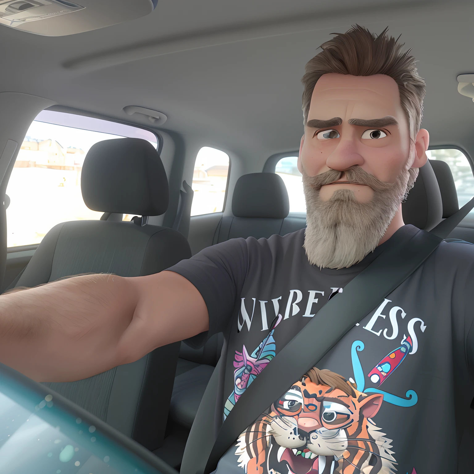 There's a man with a beard and a T-shirt sitting in a car, Homem de 4 0 anos, alguns cabelos grisalhos na barba,  estilo pixar