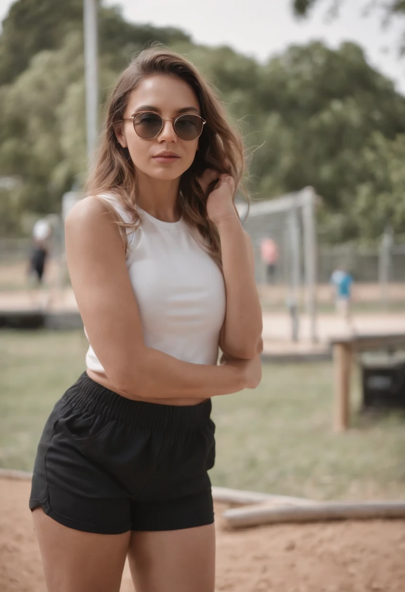 Jovem bonito com uma altura de 183，standing on a playground，tampo branco，black shorts，Meias Nike brancas，com pele clara，Baixa estatura，wears glasses，A virilha se projeta，It's petting itself